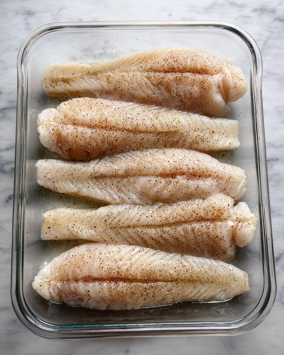 There is a clear glass baking dish with six raw white fish fillets evenly placed inside, all lying flat and parallel to each other. Each fillet has a smooth, slightly shiny texture and is sprinkled with light black pepper seasoning on top. The background is a white marbled surface. photo taken with an iphone --ar 4:5 --v 7