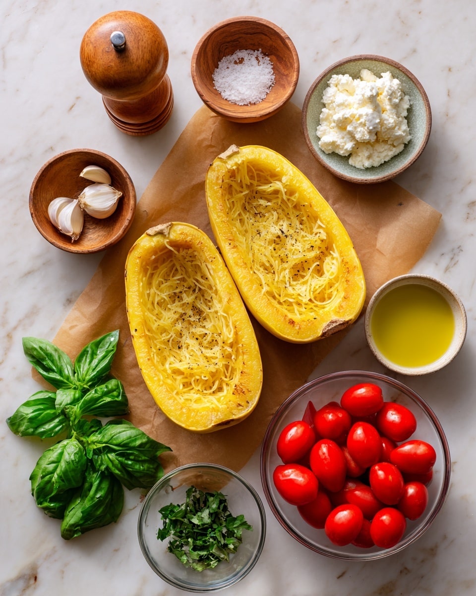 The image shows ingredients laid out on a white marbled surface for a spaghetti squash dish. At the center, there are two halves of a bright yellow spaghetti squash placed on a brown piece of parchment paper. Around the squash, from top left moving clockwise, there is a wooden pepper grinder, a small wooden bowl filled with coarse salt, a shallot or small onion, three cloves of garlic, a small clear bowl with golden olive oil, a small clear bowl with chopped green basil, a small white round container of Boursin cheese, and a clear bowl with bright red cherry tomatoes. Each ingredient is labeled with bold white text. Photo taken with an iphone --ar 4:5 --v 7