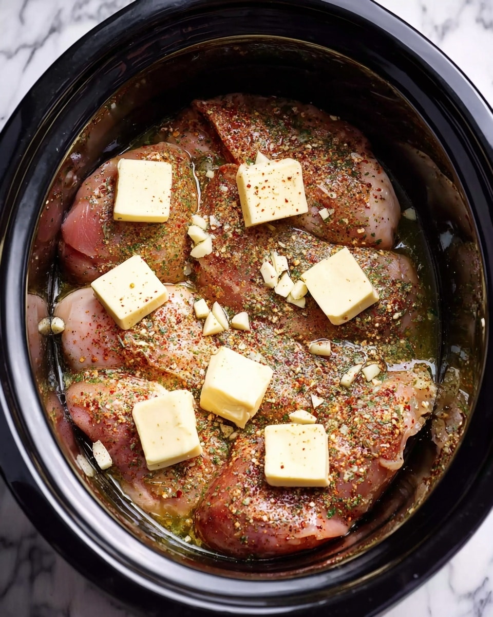 A black slow cooker filled with four large, raw chicken pieces arranged in a single layer at the bottom. The chicken is seasoned with various spices, including red pepper flakes and herbs, giving it a speckled red and green look. Small minced white garlic bits are spread over the chicken, and six thick, rectangular pats of light yellow butter are placed evenly on top. The inside of the slow cooker has a shiny black surface, and the whole scene is set against a white marbled texture background. Photo taken with an iphone --ar 4:5 --v 7