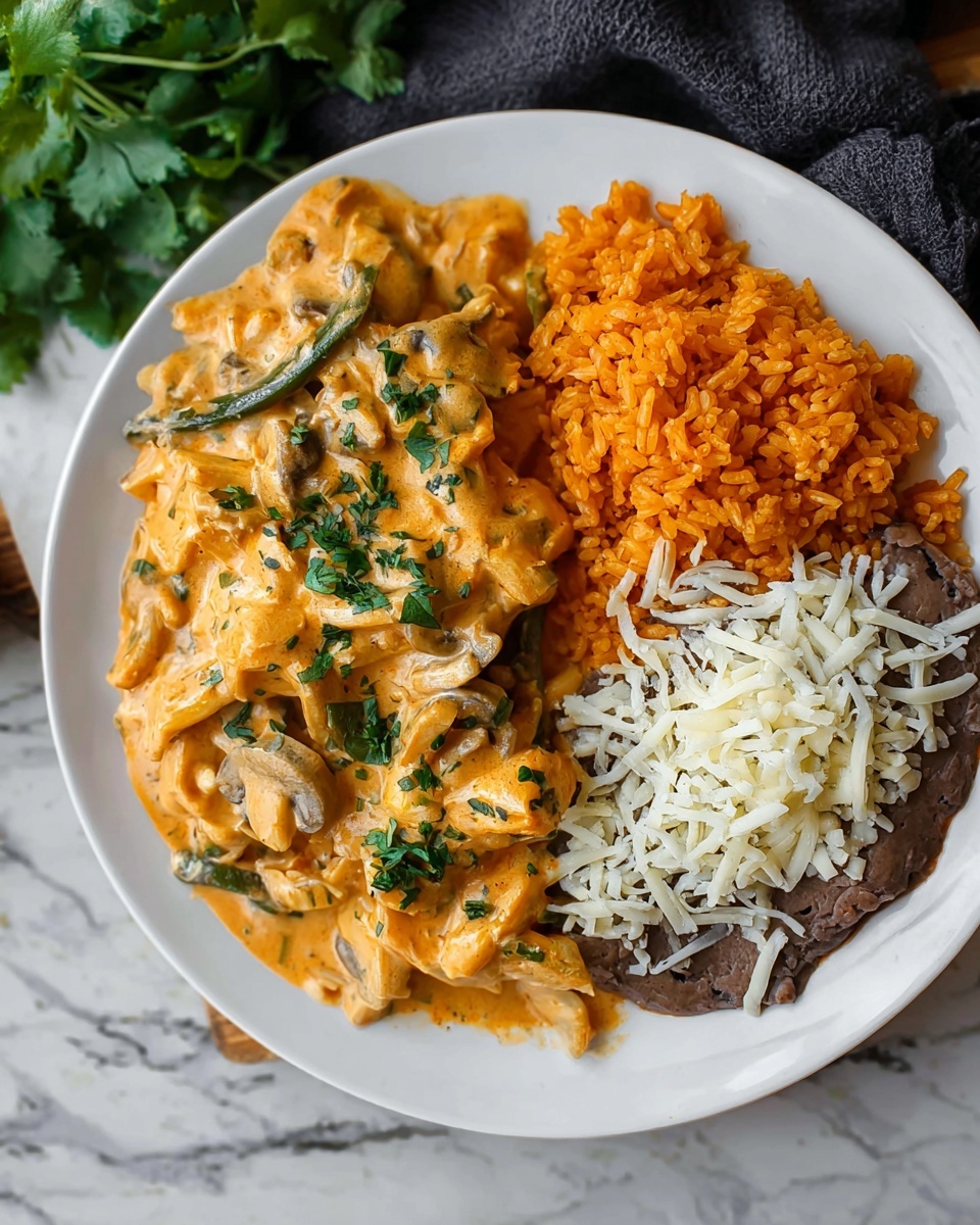A white plate holds a meal with three main sections: on the left is a creamy orange sauce with pieces of vegetables like mushrooms and green strips, topped with small green herb leaves; on the top right is a portion of orange rice with visible grains and some lighter pieces mixed in; on the bottom right is a dark brown spread covered with melted white cheese shreds. The plate sits on a white marbled surface with a dark cloth and some green leaves nearby. Photo taken with an iphone --ar 4:5 --v 7