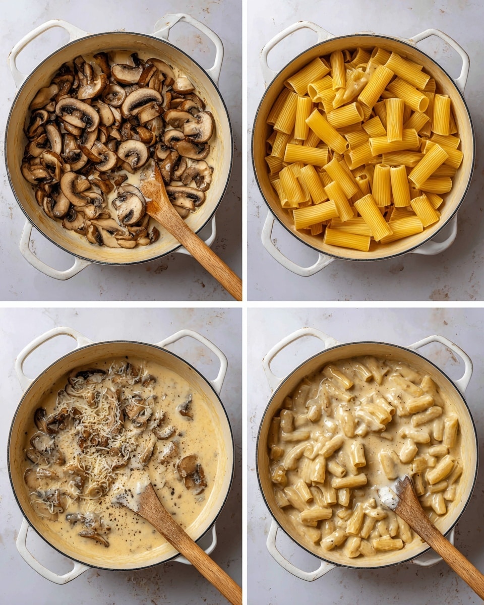 The image shows a four-step cooking process in a white pot set on a white marbled surface. The first layer is sautéed sliced mushrooms in brown and light beige colors, spread evenly in the pot. The second layer adds a thick, creamy sauce with a light beige color that partly covers the mushrooms. The third layer adds uncooked, short, wide tube pasta pieces in a bright yellow color sitting on top of the creamy mushroom sauce. The final layer shows the pasta mixed with the creamy sauce and mushrooms, coated evenly in the light beige sauce. A wooden spoon is seen stirring in the pot in steps two, three, and four. photo taken with an iphone --ar 4:5 --v 7