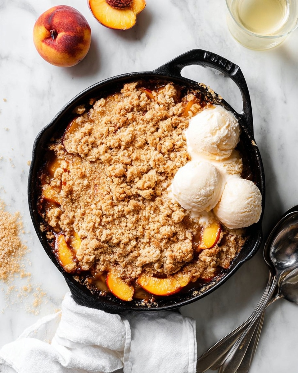 A round black skillet sits on a white marbled surface, filled with a peach crisp dessert that has two main layers. The bottom layer shows soft peach slices with a warm orange and yellow color, partially visible. The top layer is a golden brown crumbly topping that spreads evenly across the skillet, creating a rough texture. On the right side of the crisp, there are three creamy white scoops of melting vanilla ice cream, contrasting with the crisp’s warm tones. Around the skillet, light brown sugar is sprinkled on the white marbled surface. A white cloth napkin is draped partly under the skillet’s handle. Half a peach with its seed is positioned on the upper left side of the image, near some brown sugar. On the right side, two silver spoons lie next to the skillet, and a clear glass with a pale yellow drink is near the top corner. Photo taken with an iphone --ar 4:5 --v 7