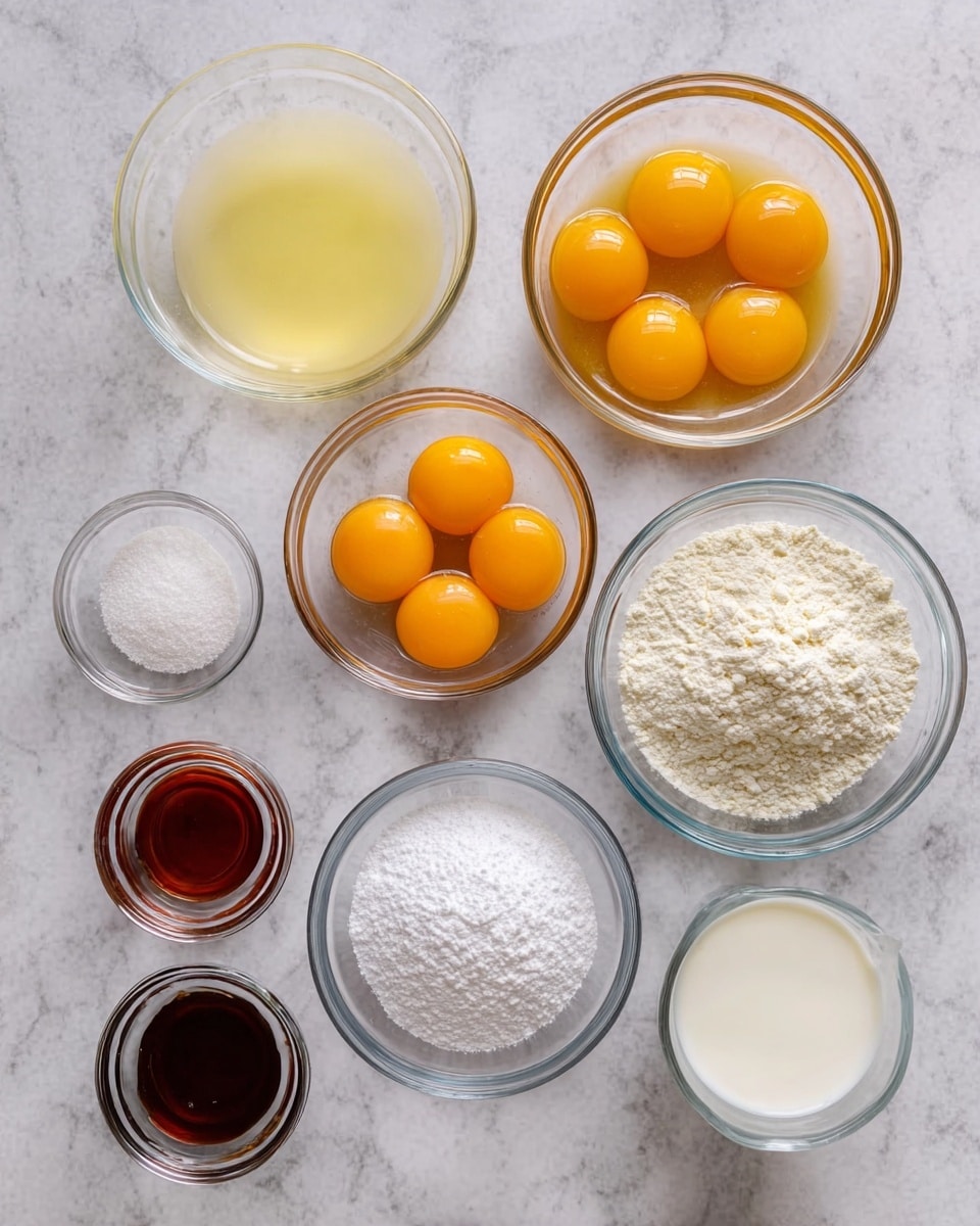 The image shows nine clear glass bowls arranged on a white marbled surface. The top row has three bowls: the left bowl has a pale yellow liquid, the middle bowl holds a translucent egg white layer, and the right bowl contains six bright orange egg yolks. The middle row has two bowls: the left bowl is filled with white flour, and the right bowl holds granulated white sugar. The bottom row has four smaller bowls: from left to right, they contain a dark brown liquid (likely vanilla extract), a small amount of a white powder (probably salt), a smaller heap of white powder (likely baking powder), and a small cup of white liquid (possibly milk). photo taken with an iphone --ar 4:5 --v 7