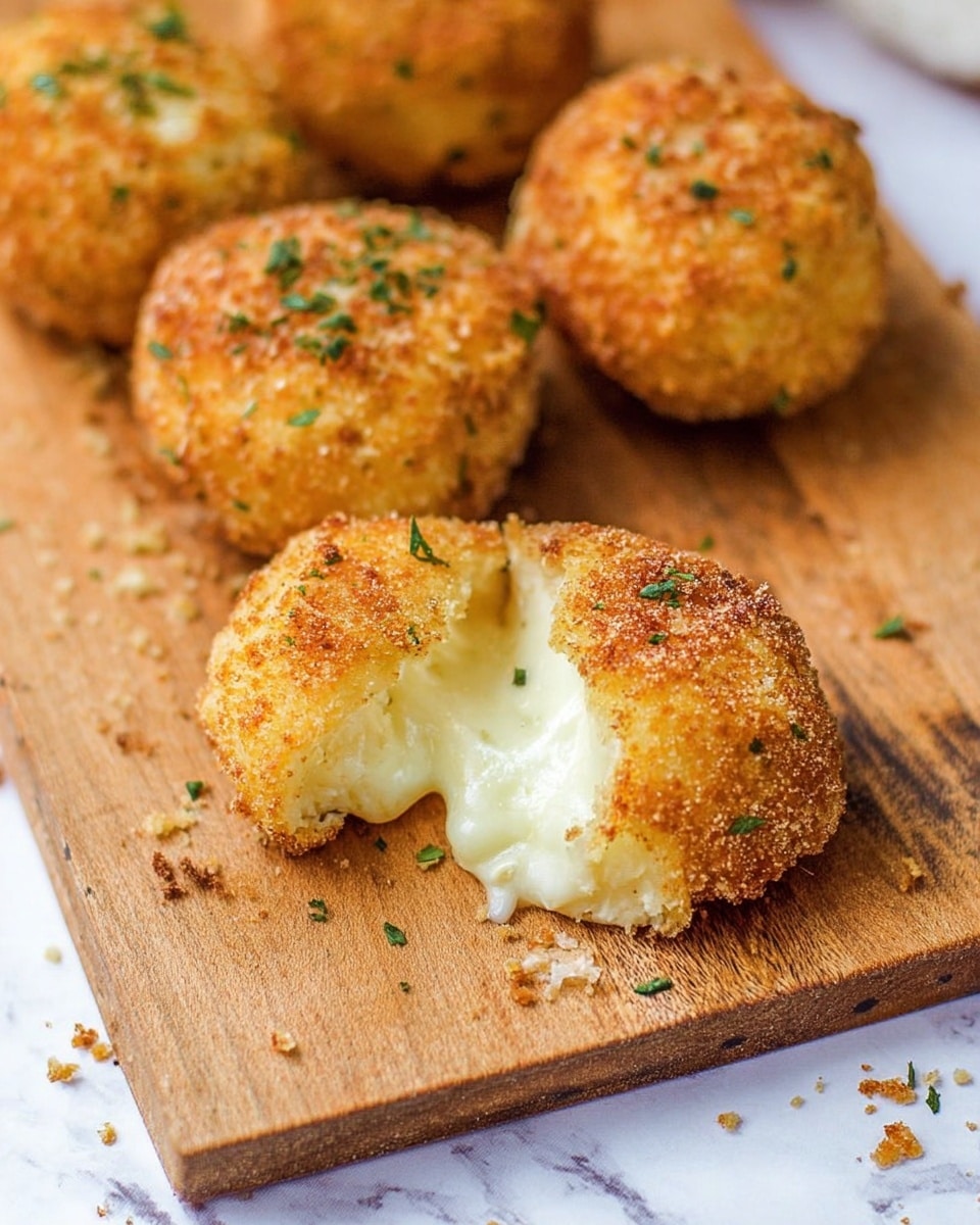 The image shows several round, golden-brown fried cheese balls placed on a wooden board with a white marbled surface underneath. Each ball has a crispy, textured outer layer with small green herb bits sprinkled on top. One cheese ball is broken open, revealing a smooth, creamy white melted cheese inside that slightly oozes out. The wooden board has visible grain and crumbs scattered around the cheese balls, adding a casual, homemade feel to the scene. Photo taken with an iphone --ar 4:5 --v 7
