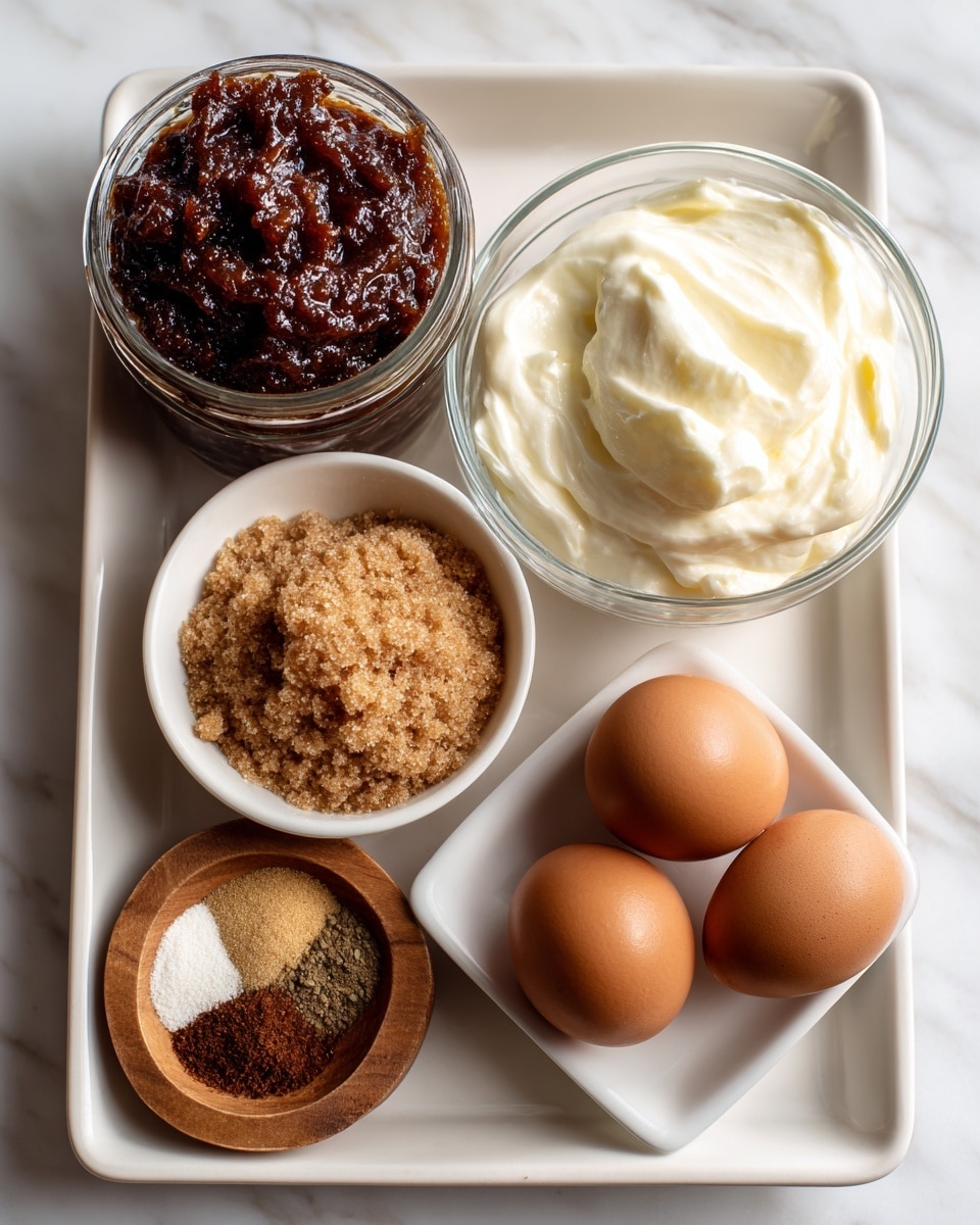 A white tray holds five containers arranged in two rows on a white marbled surface. In the top row, a glass jar on the left is filled with dark brown apple butter with a rough texture, next to it is a small clear glass bowl filled with smooth, white heavy cream. In the center of the tray is a small white bowl piled with light brown, coarse brown sugar. Below, a small wooden bowl on the left contains several spices and salt in powder form with colors ranging from light beige to dark brown. On the bottom right, a small white square dish holds three smooth, brown eggs. All items are neatly placed, and the lighting is soft and natural, emphasizing the textures and colors of each ingredient. Photo taken with an iphone --ar 4:5 --v 7