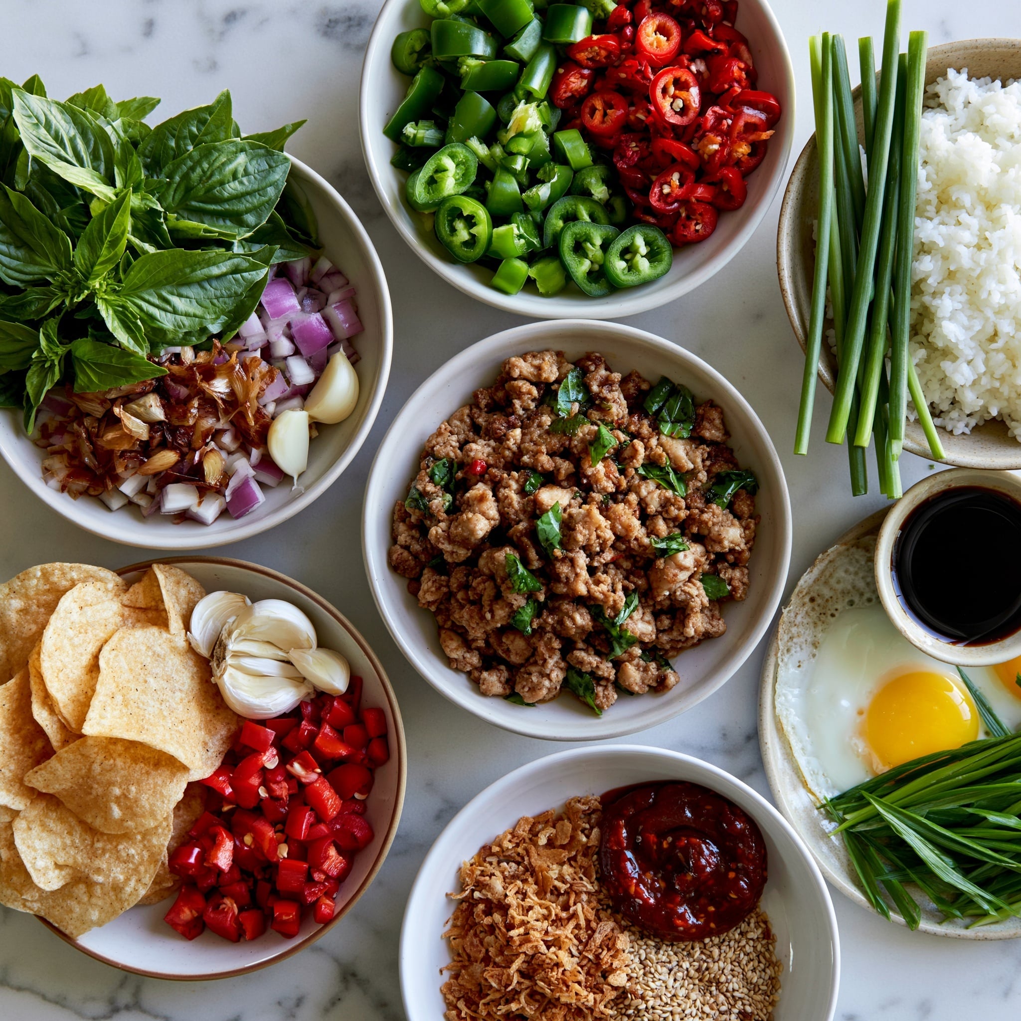 A white plate holds three main layers: a bed of fluffy white rice on the right, a generous portion of cooked minced meat mixed with bright red pepper slices, dark green leafy vegetables, and green herbs in the middle, and a sunny-side-up fried egg with a white edge and a bright yellow yolk placed on top of the meat near the rice. The minced meat mixture is glossy and sprinkled with white and black sesame seeds. The plate sits on a white marbled surface. photo taken with an iphone --ar 4:5 --v 7