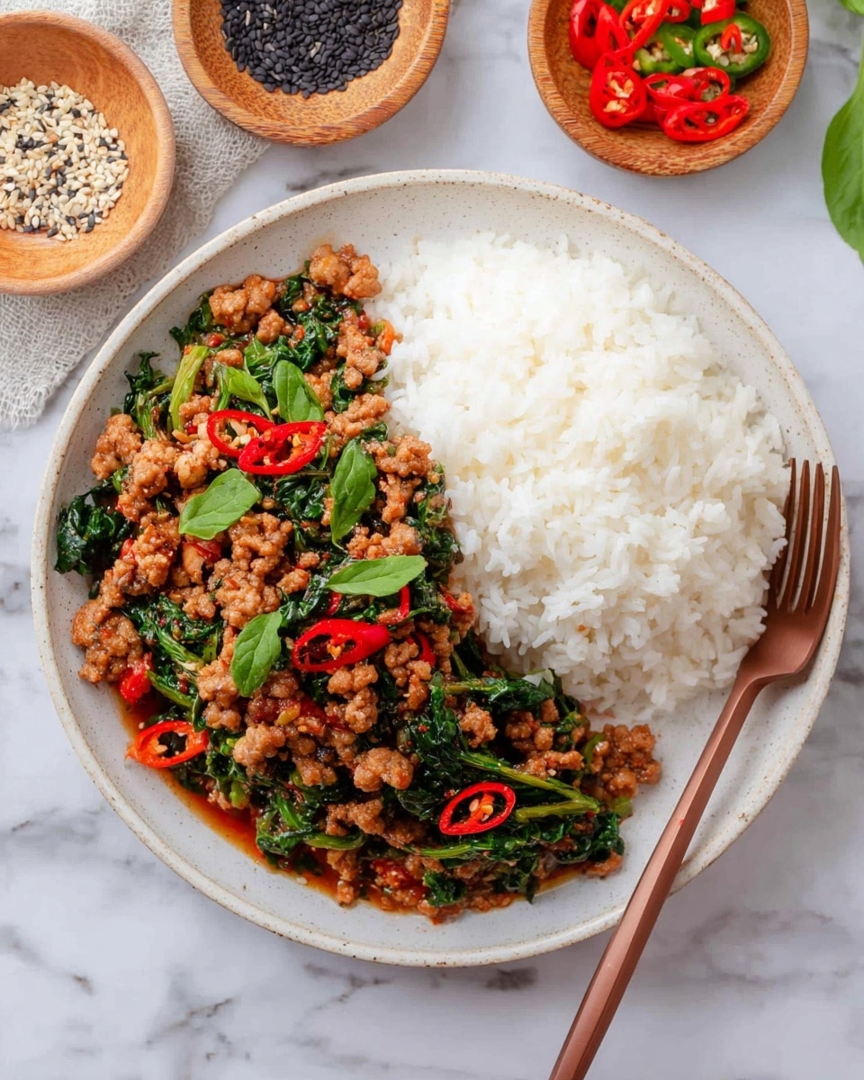 A white plate on a white marbled surface holds a dish split into two main parts: on the left, a neat mound of plain white rice with fluffy, separated grains; on the right, cooked minced meat mixed with vibrant green leafy vegetables and bright red chili slices, all coated in a glossy sauce. The meat mixture shows some texture with small chunks, and scattered fresh green herb leaves add extra color on top. Nearby are two small wooden bowls, one with black and white sesame seeds and the other with red and green sliced chili peppers. A copper-colored fork rests beside the plate. photo taken with an iphone --ar 4:5 --v 7
