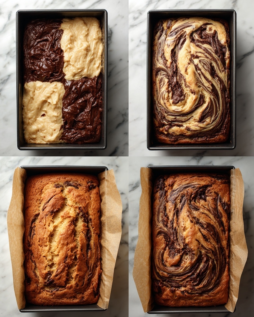 The image shows four stages of making a marbled cake in a dark metal loaf pan lined with parchment paper, placed on a white marbled surface. In the first frame, the batter is divided into four parts with two corners filled with light beige batter and the other two with dark brown batter, creating a checkerboard pattern. The second frame shows the batter slightly swirled with broad, uneven loops of light beige and dark brown mixed together. In the third frame, the swirl is more detailed and intricate, resembling a marbled pattern with thin wavy lines of dark brown on light beige batter filling the pan. The last frame displays the baked cake, golden brown with dark brown marbled streaks on top, with a crack down the middle. The parchment paper edges rise above the cake, and the loaf pan sits on the white marbled background. photo taken with an iphone --ar 4:5 --v 7