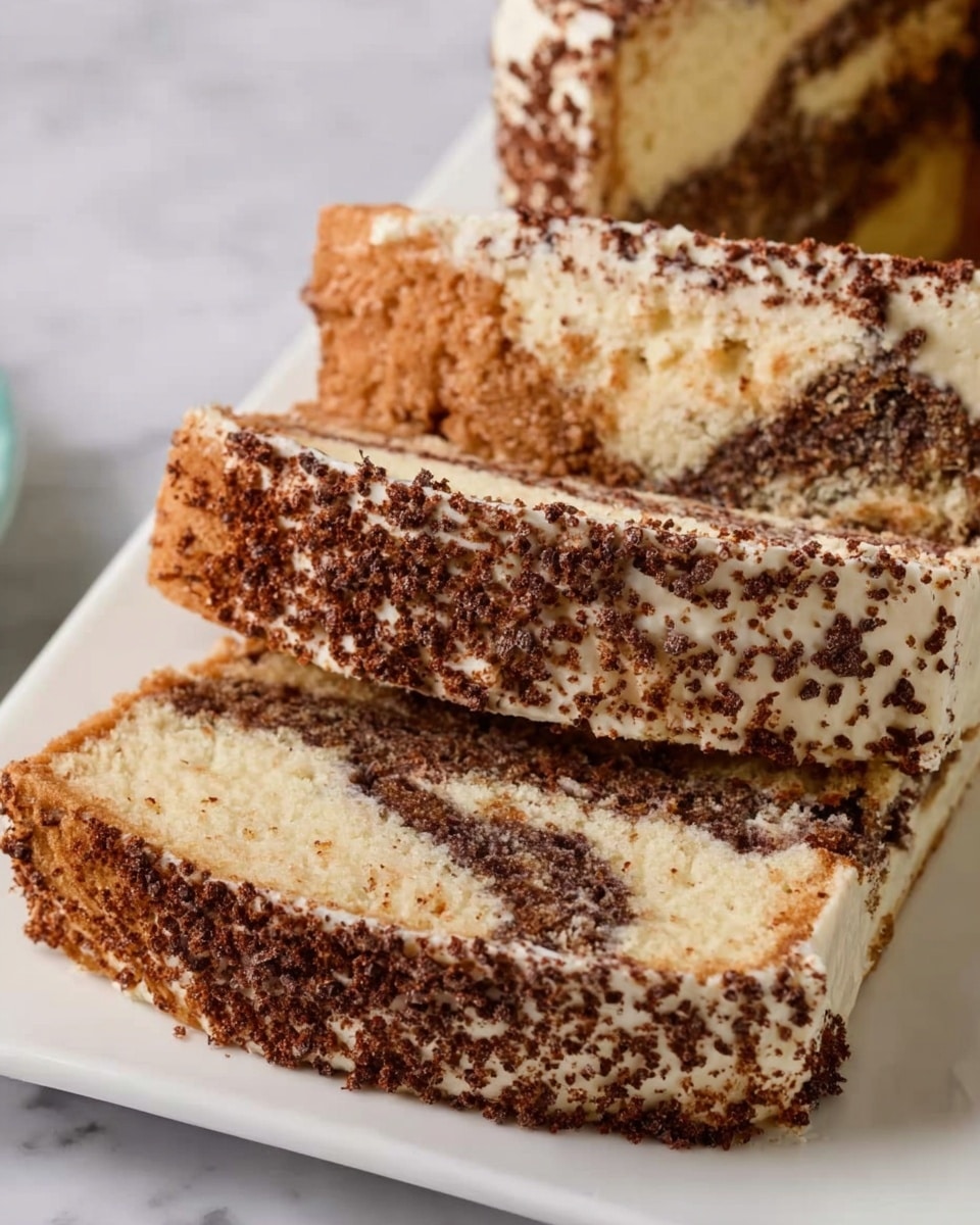 The image shows a close-up of a round cake with three visible layers. The bottom layer has a marbled mix of light beige and dark brown, creating a swirled texture. The middle layer is a thick spread of light cream with a smooth surface. The top layer is the same cream color, sprinkled evenly with fine dark brown powder. The cake slices lean on each other on a white rectangular plate, placed on a white marbled surface. photo taken with an iphone --ar 4:5 --v 7