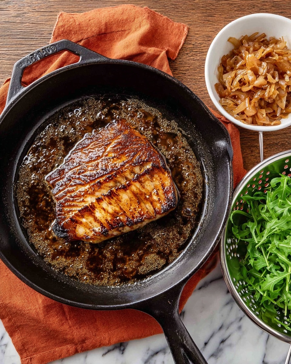 A dark brown grilled fish fillet with visible char marks sits in a black cast iron pan, surrounded by bubbling brown butter sauce. The pan rests on an orange cloth over a white marbled surface. To the right, a small white bowl holds golden-brown sautéed onions, and below it, a white colander contains fresh green arugula leaves. photo taken with an iphone --ar 4:5 --v 7