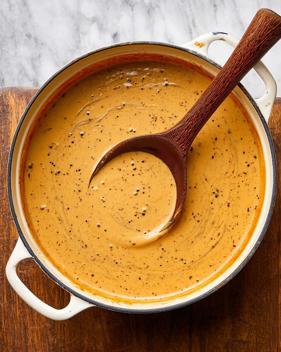 A white pot filled with smooth, creamy sauce that is light orange with tiny dark specks throughout, giving it a slightly textured look. A wooden spoon rests inside the pot, partially submerged in the sauce, with the curved handle extending out to the top right. The pot sits on a white marbled surface, and the sauce’s surface shows gentle swirls where the spoon has moved through it. Photo taken with an iphone --ar 4:5 --v 7