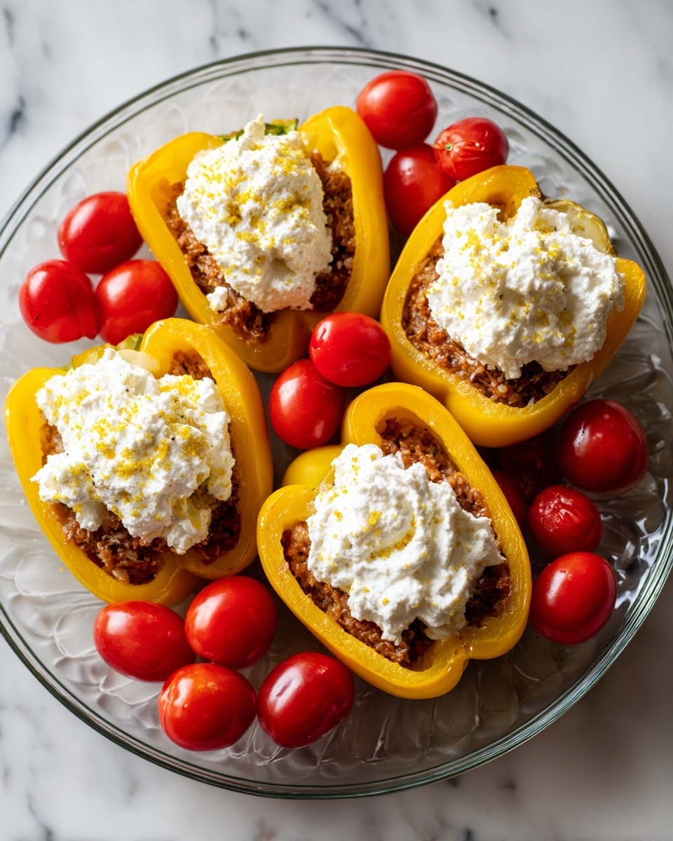 The image shows four yellow bell pepper halves arranged on a clear glass plate, each filled with a brownish layer topped with a generous dollop of white cream. Around the peppers, there are bright red cherry tomatoes. The plate is placed on a white marbled surface. The colors are vivid with the yellow peppers, red tomatoes, and white cream standing out clearly. photo taken with an iphone --ar 4:5 --v 7