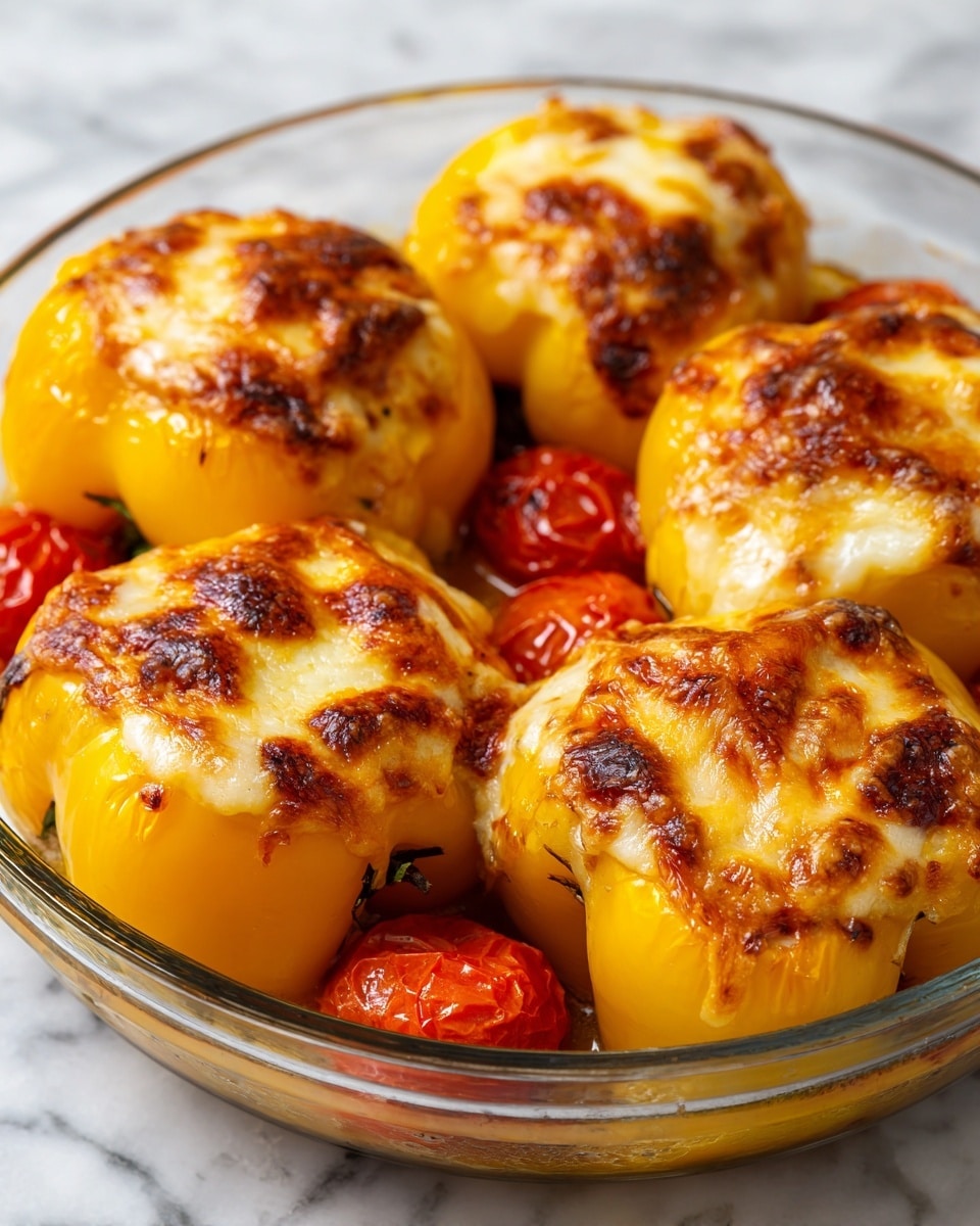 This image shows a clear glass round dish filled with yellow stuffed peppers topped with melted cheese that is golden brown and slightly bubbly on the surface. The yellow peppers are plump and glossy, and they are arranged close together, covering most of the dish. Around the peppers, there are small red cherry tomatoes that look soft and roasted. The dish is placed on a white marbled surface. The photo focuses closely on the peppers, showing their texture and the cheese melting over the edges photo taken with an iphone --ar 4:5 --v 7