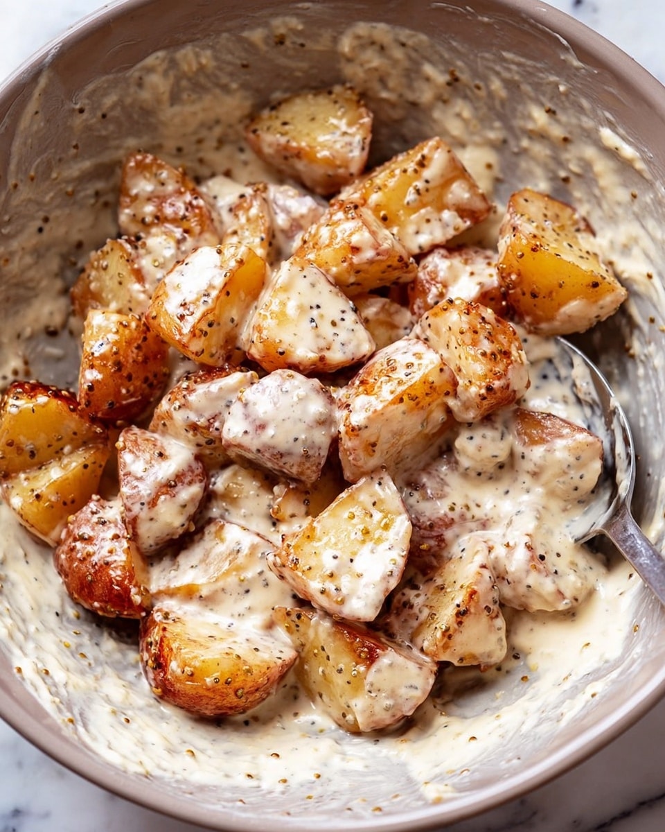The image shows golden roasted potato pieces tossed in a creamy, thick sauce with visible small mustard seeds. The potatoes are cut into medium-sized chunks with browned edges, coated evenly in a slightly grainy white sauce. The sauce pools at the bottom, showing its smooth texture mixed with mustard seeds throughout. A metal spoon is partly visible on the right side, slightly covered with the sauce, resting inside a bowl with creamy residue on the sides. The background is a white marbled surface. photo taken with an iphone --ar 4:5 --v 7