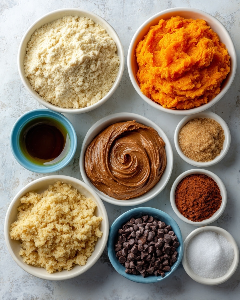 The image shows eight small white bowls and one blue bowl arranged on a white marbled surface. Each bowl contains a different ingredient with text labels on them. Starting from the top left, there is a bowl with light beige almond flour that looks powdery, next to it is a bowl filled with bright orange mashed squash that has a smooth texture. To the right, a bowl holds thick, creamy brown almond butter with swirls on top. Below the almond flour bowl, a small white bowl contains clear, shiny coconut oil. Next to it, an earthy brown bowl holds dark vanilla extract. Directly below, a five o'clock position bowl contains golden brown coconut sugar with a grainy texture. The blue bowl on the right side holds small mounds of white baking soda, reddish-brown cinnamon, and white baking salt. Finally, a white bowl at the bottom is filled with dark brown chocolate chips. All bowls are evenly spaced with a neat layout in the image. Photo taken with an iphone --ar 4:5 --v 7