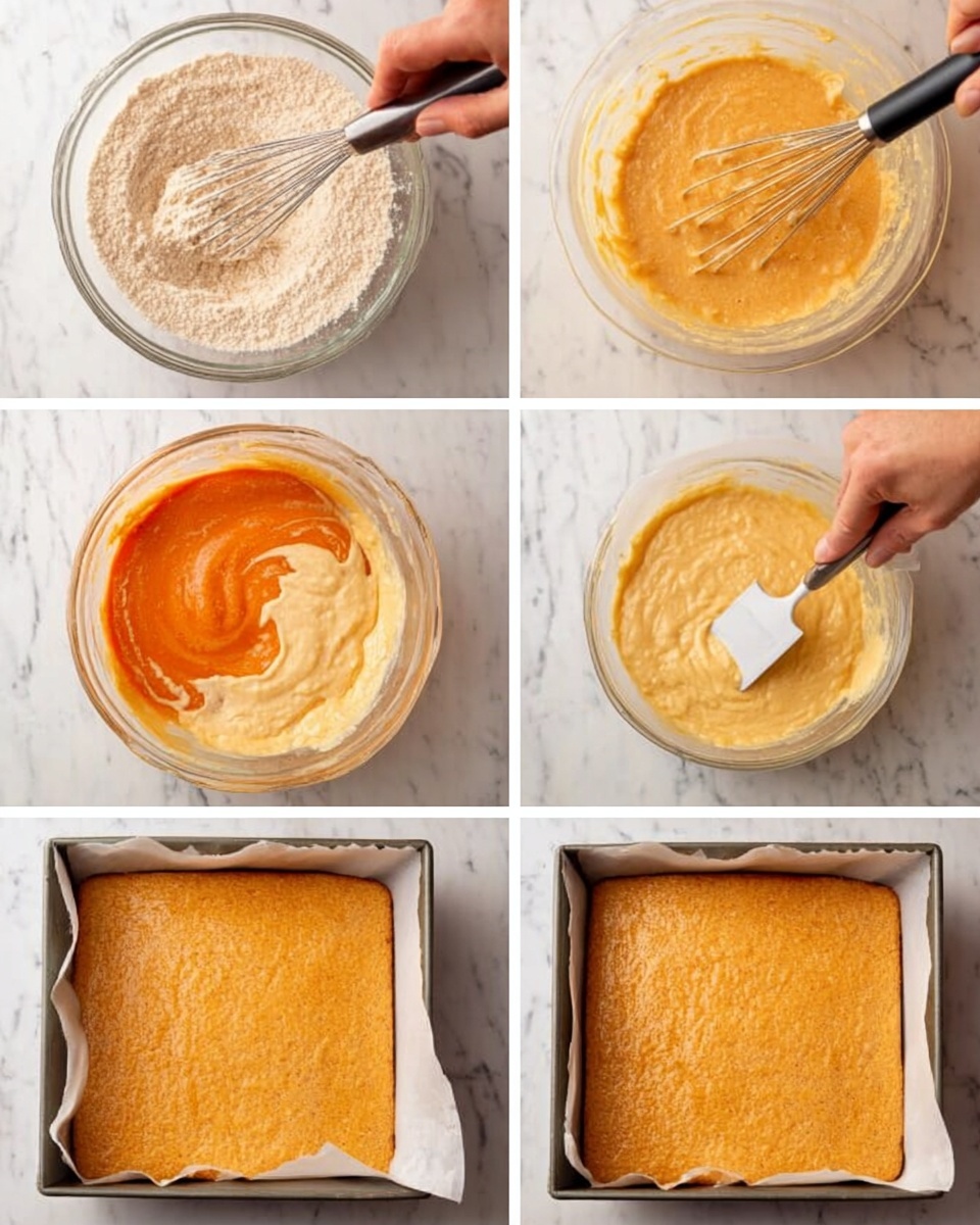 The image shows six steps of a baking process on a white marbled surface. Step 1: a clear bowl with light beige flour mixture being whisked by a woman's hand holding a whisk. Step 2: a glass bowl with a creamy, light yellow and orange mixture being whisked by a woman's hand. Step 3: the orange mixture is being poured into the flour mixture bowl, creating a layered effect with light beige flour at the edges and thick orange liquid in the center. Step 4: the orange mixture blended with the flour, becoming smooth and light orange and filling the bowl. Step 5: a white rectangular baking pan lined with parchment paper filled with the light orange batter, spread evenly by a white spatula. Step 6: the baked golden brown cake being spread with a light, creamy butter by a black spatula. photo taken with an iphone --ar 4:5 --v 7
