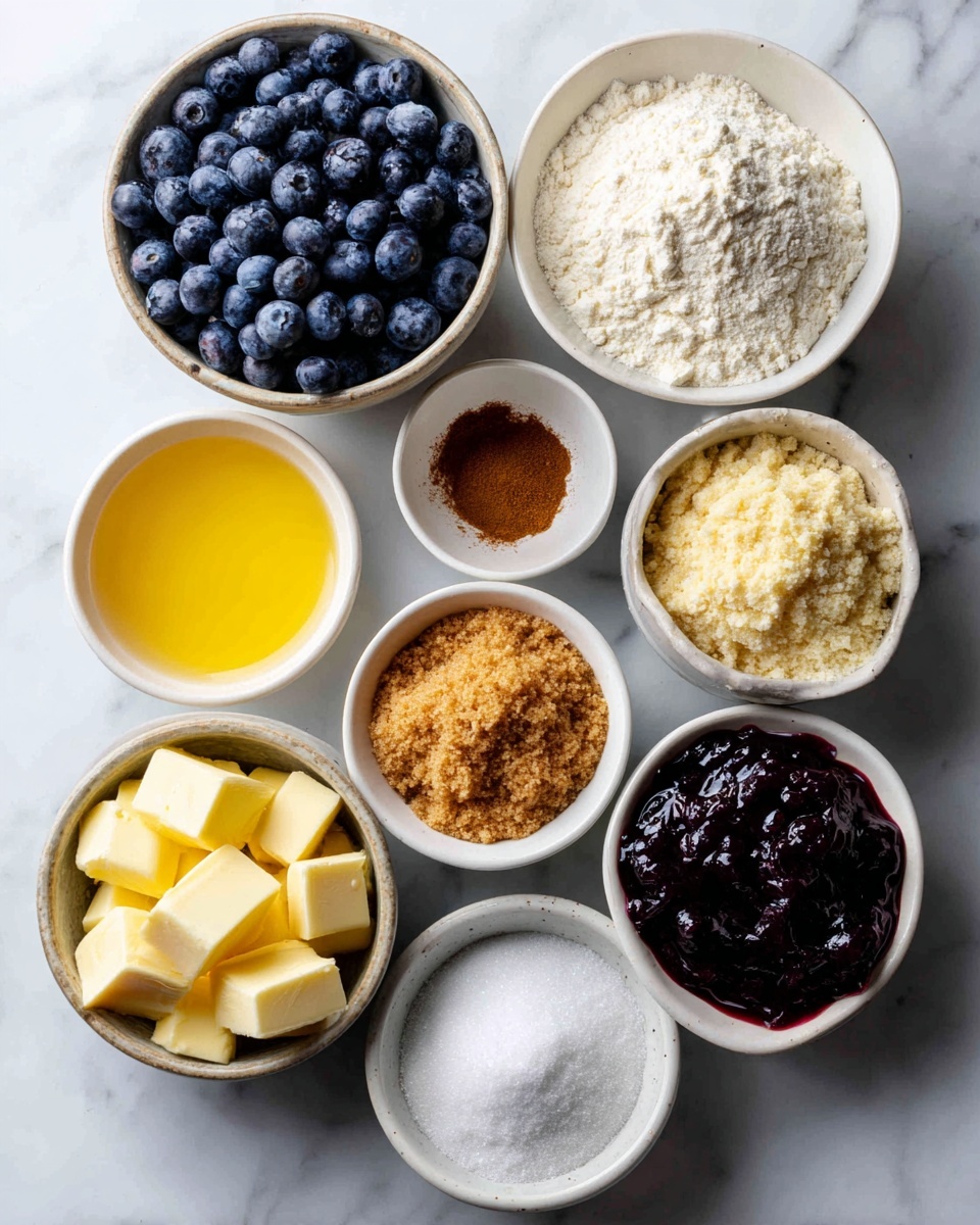 The image shows eight small white bowls arranged on a white marbled surface. One bowl at the top left is filled with fresh dark blue blueberries. Next to it on the right is a bowl with a mixture of white flour, baking soda, baking powder, cornstarch, and salt, all combined in a powdery texture. Below the blueberries, a bowl contains a yellow liquid mix of egg and vanilla extract. To the bowls' right is a small dish with brown cinnamon powder. Below that is a bowl filled with light brown crushed brown sugar. To the bottom left, there is a bowl with small cubes of pale yellow butter. Next to it, a small bowl holds white granulated sugar. The last bowl at the bottom right contains thick dark purple blueberry jam. Each ingredient is clearly separated and neatly arranged. photo taken with an iphone --ar 4:5 --v 7