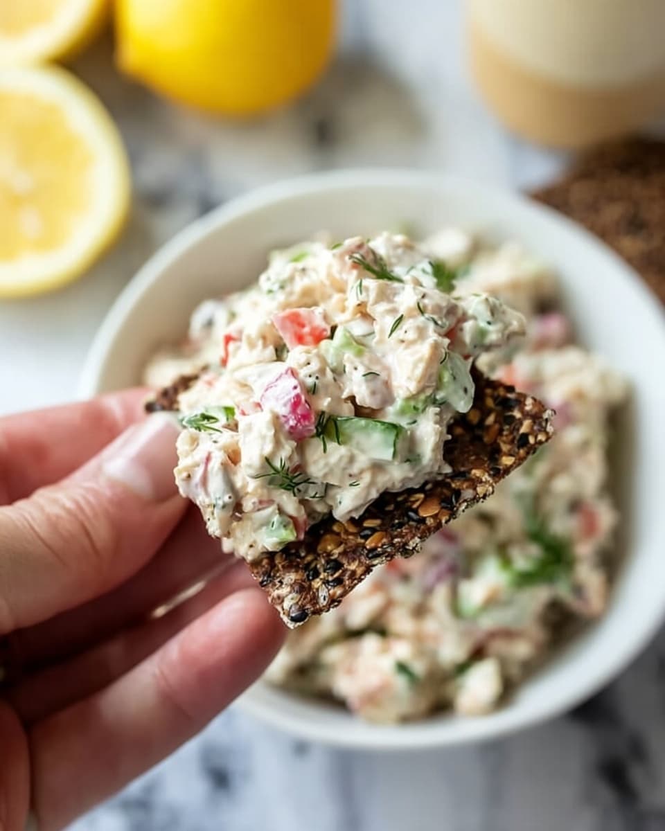 A close-up shows a woman's hand holding a dark, seeded cracker topped with a creamy white salad mixed with small green, red, and pink bits, likely chopped vegetables and herbs. The cracker has a rough texture with visible seeds and grains, and the salad looks soft and chunky. In the background, there is a white bowl filled with more of the same salad. The scene is set on a white marbled surface with blurred lemon halves and a beige container visible. photo taken with an iphone --ar 4:5 --v 7