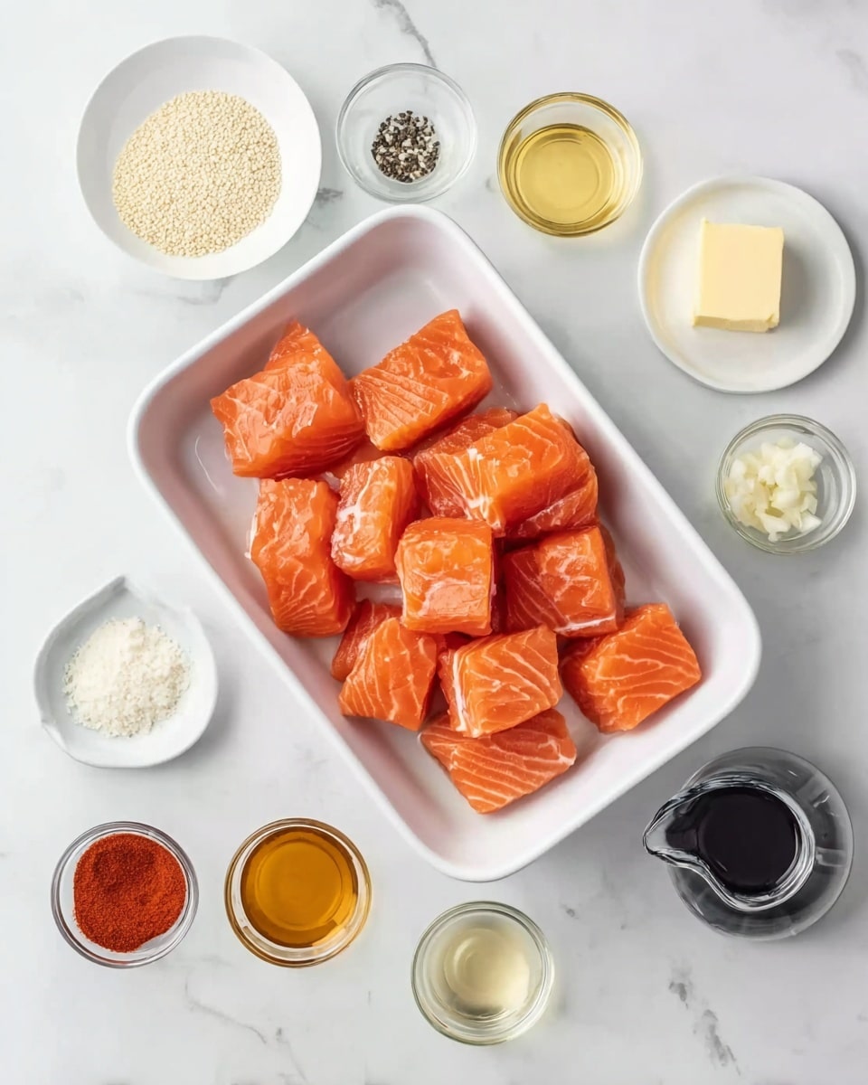 The image shows a white rectangular dish filled with bright orange chunks of raw salmon, each piece having visible white marbling and placed in a natural scattered pile. Surrounding the dish on a white marbled surface are small white bowls and clear glass containers holding various ingredients: a small mound of white sesame seeds, a square pat of pale yellow butter, a small white plate divided into sections with red powder, white granules, and black pepper, a small glass bowl with minced garlic, and three small cups of liquids in shades of dark brown, golden amber, and pale yellow. The items are evenly spaced around the salmon dish, creating a neat and clean cooking setup, photo taken with an iphone --ar 4:5 --v 7