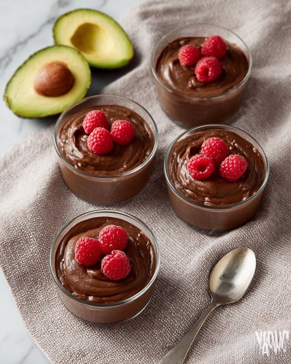 The image shows four small clear glass bowls filled with smooth, dark brown chocolate pudding, each topped with one or two small bright red raspberries. The bowls are placed on a soft light beige cloth with a subtle woven texture, set on a white marbled surface. In the top left corner, there are two halves of a ripe avocado with bright green flesh and a brown pit. To the right of the bowls, a silver spoon lies flat on the cloth. The lighting softly highlights the creamy texture of the pudding and the freshness of the raspberries. photo taken with an iphone --ar 4:5 --v 7