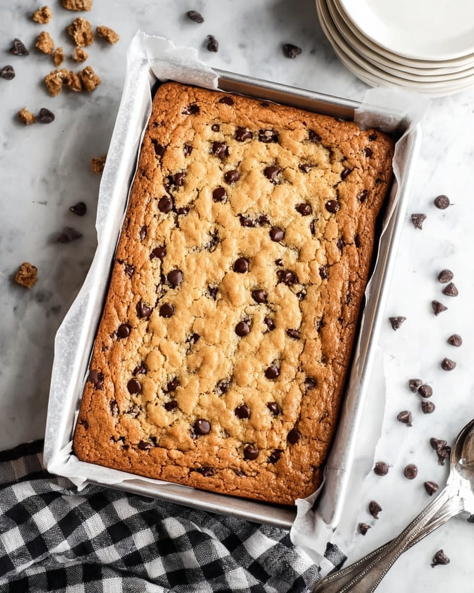 A rectangular baked chocolate chip cookie bar in a silver baking tray lined with parchment paper, with a bumpy golden brown top crust filled with dark small chocolate chips spread evenly, and a few spots of melted peanut butter visible on the surface; the scene includes a white marbled background with scattered chocolate chips and a stack of plain white plates nearby, along with a black and white checkered cloth partly under the tray, photo taken with an iphone --ar 4:5 --v 7