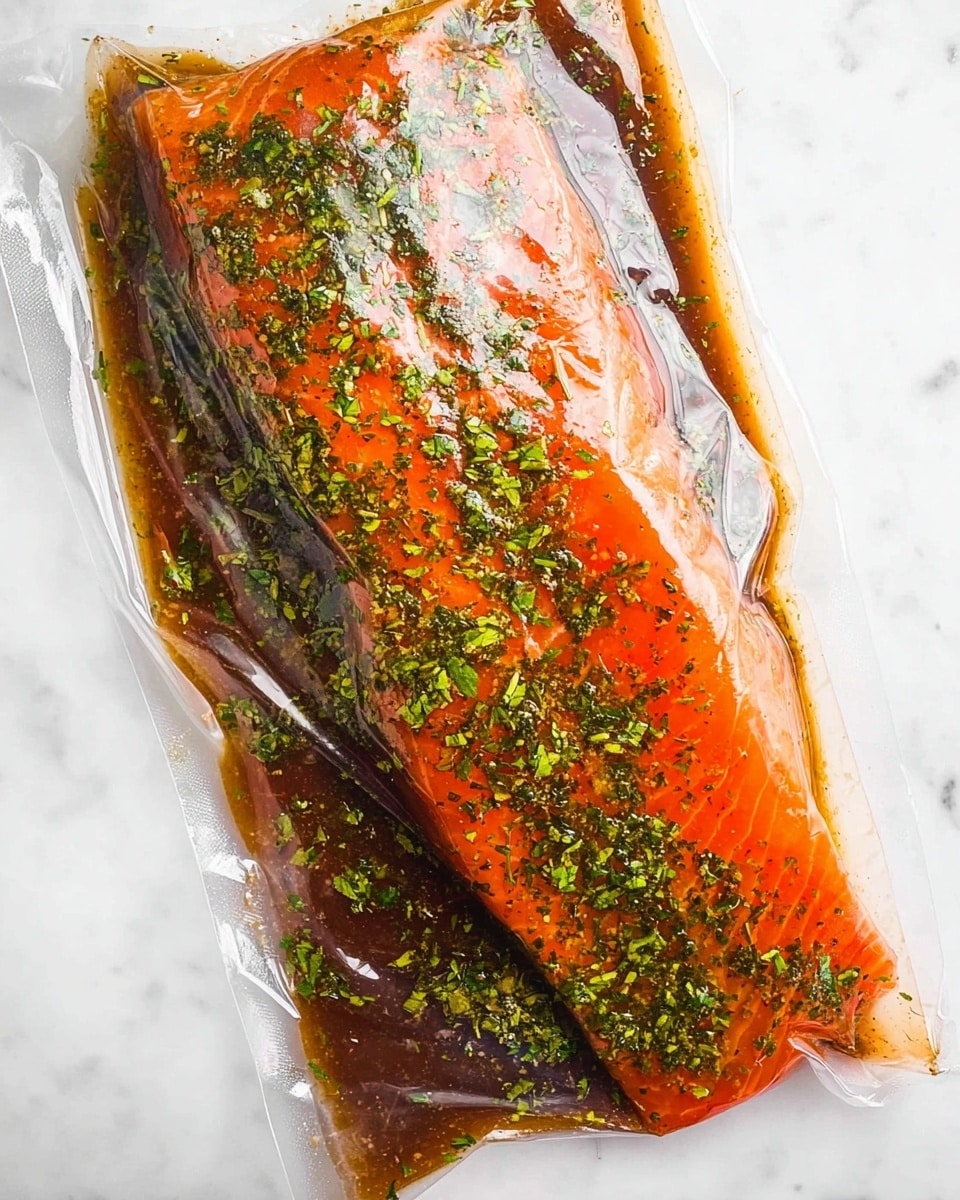 A clear plastic bag contains a large piece of orange salmon fillet, lying flat inside. The salmon is covered with small green herb flakes scattered evenly on top. Dark brown sauce with a shiny, smooth texture fills the rest of the bag around the salmon, also sprinkled with some green herbs. The bag is placed on a white marbled surface. photo taken with an iphone --ar 4:5 --v 7