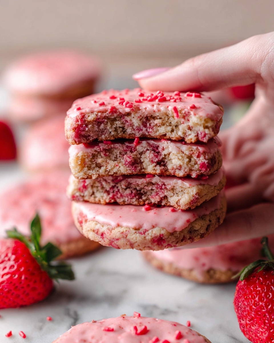 A woman's hand is holding a stack of four round, pinkish cookies. Each cookie shows a thick layer of moist, soft texture with bits of red bits embedded inside. The cookies have a thin pink icing with small red sprinkles on top. Below the hand, there are more similar cookies stacked and scattered on a white marbled surface, with a fresh red strawberry nearby adding a pop of bright green and red. The overall look is soft and inviting with a mix of crumbly and smooth textures. photo taken with an iphone --ar 4:5 --v 7