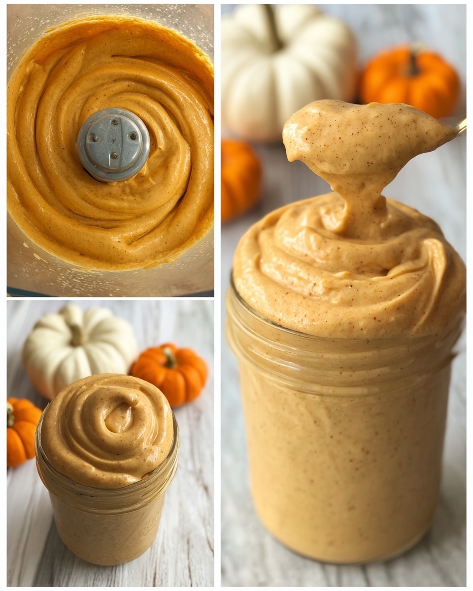 The images show a creamy, light orange pumpkin-flavored mousse-like dessert with tiny dark specks throughout, emphasizing a smooth and thick texture. The first layer is inside a blender, where the mousse forms a swirling spiral around a metal blade at the center. The second layer is a close-up of the mousse swirled on top of a small glass jar, glossy and slightly peaked with a spoon dipped into it. The third layer displays the mousse filling a white glass jar, overflowing a bit, with a spoon holding a dollop of the mousse above the jar, and small decorative white and orange pumpkins in the blurry background on a white marbled surface. Photo taken with an iphone --ar 4:5 --v 7