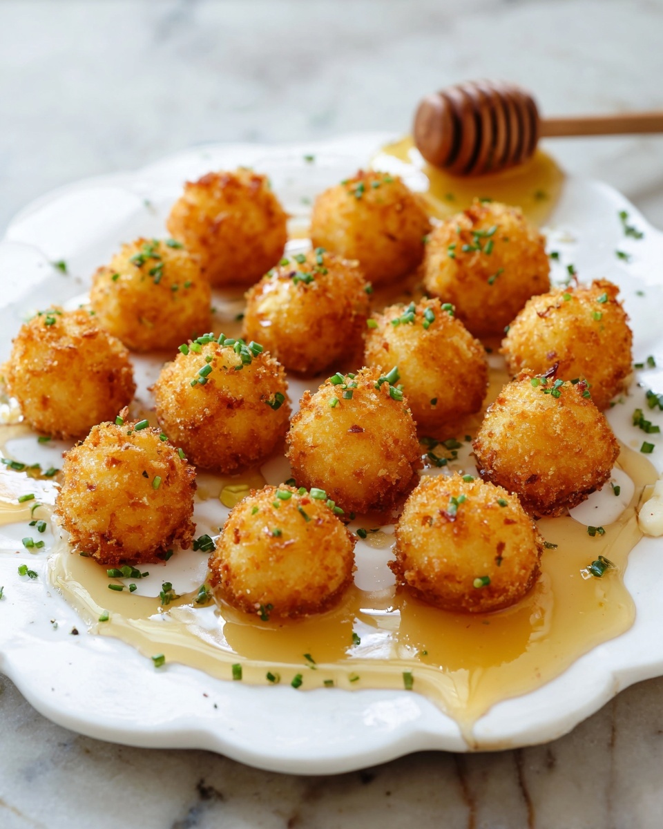 This image shows a white marbled serving board with about eighteen small, round, golden brown fried balls evenly spread over the surface. Each ball has a crispy, textured outer layer and some have a drizzle of light golden honey or syrup on top. There are small green chopped herbs sprinkled all over the balls and the board, adding a fresh contrast in color. One ball near the bottom center is bitten into, revealing a soft white inside. In the background, there is a blurred wooden tool with two prongs resting on the board. The photo is bright with a soft focus, emphasizing the texture and colors of the dish. photo taken with an iphone --ar 4:5 --v 7