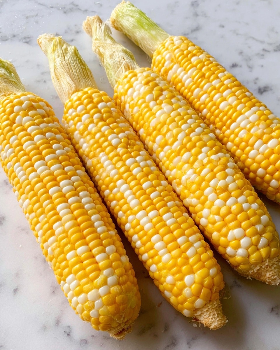Four ears of corn lie side by side on a white marbled surface. Each ear is fully covered in shiny, tightly packed yellow and white kernels, arranged in neat rows. The tips of the corn show remnants of the pale, dried husks that curl slightly. The colors are bright, with the yellow kernels standing out vividly against the white kernels. The texture of the kernels is smooth and plump, showing they are fresh and ready to eat. photo taken with an iphone --ar 4:5 --v 7