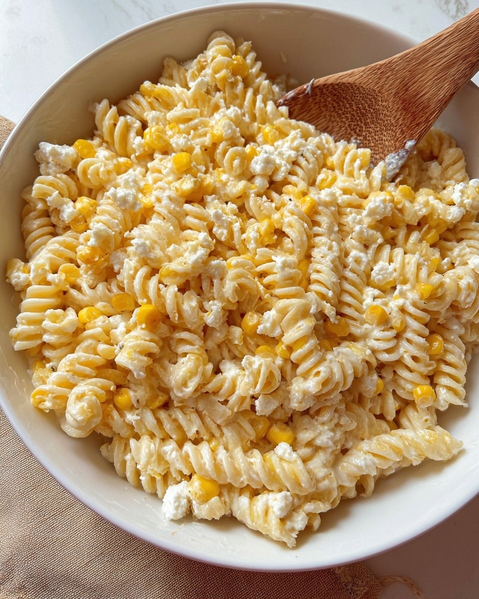 The image shows a white bowl filled with creamy spiral pasta mixed with small yellow corn pieces. The pasta is coated in a smooth, light cream sauce, giving it a shiny texture. Small bits of crumbly white cheese are scattered evenly on top and throughout the dish. There is a wooden spoon resting inside the bowl, with its handle toward the top right corner of the image. The bowl is placed on a cloth surface with a beige tone, and the background surface is a white marbled texture. photo taken with an iphone --ar 4:5 --v 7
