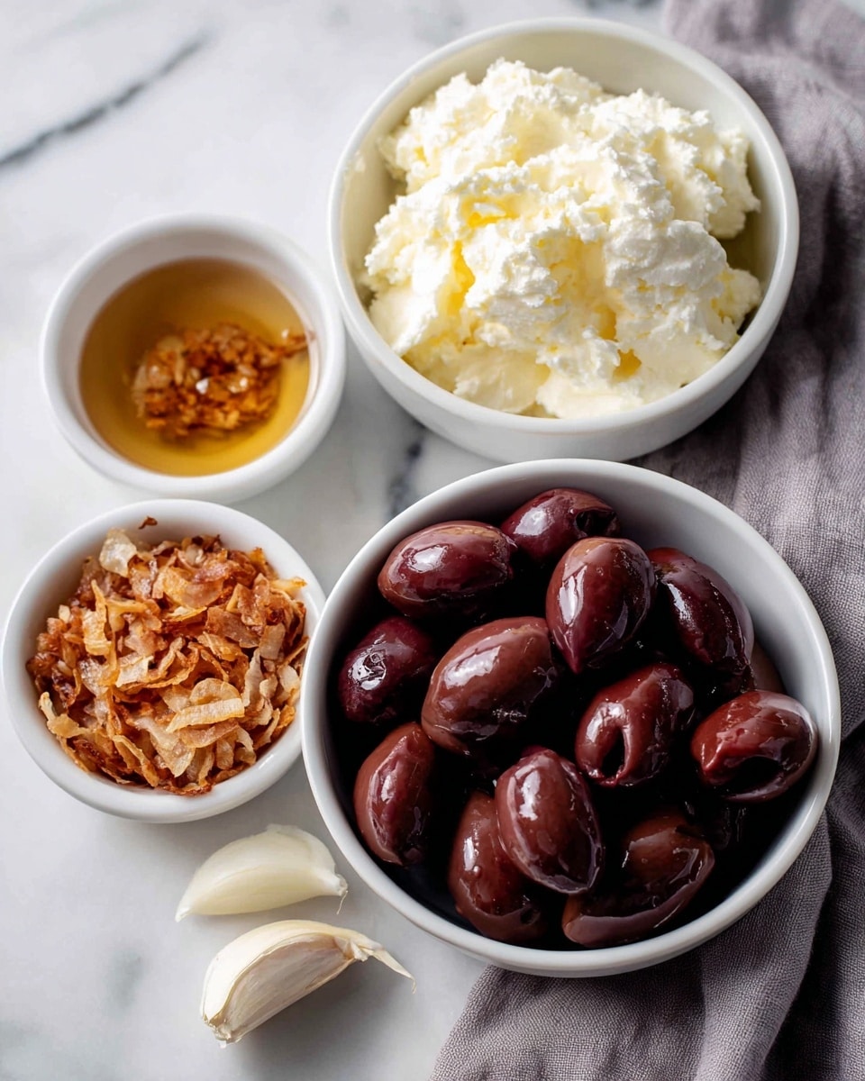The image shows five small white bowls placed on a white marbled surface. The largest bowl in the center is filled with dark purple kalamata olives that have a smooth and glossy texture. To the upper right, a bowl contains creamy, white cream cheese with a soft and fluffy appearance. On the upper left, a bowl filled with light brown olive brine has a clear and liquid look. A smaller bowl in the lower left holds finely dried onion flakes which are light brown and flaky. Next to it, a small section shows a single white garlic clove with a smooth, slightly shiny skin. The colors contrast nicely with the white marbled surface and a soft gray cloth is draped to the right side. Photo taken with an iphone --ar 4:5 --v 7