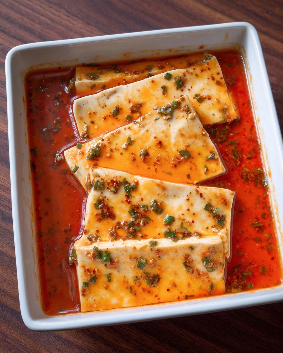 A white square dish holds four large, flat, rectangular pieces of tofu fully soaked in reddish-orange sauce with visible small green herbs spread across the tofu and the sauce surface. The tofu pieces are evenly spaced, lying flat with soft, smooth textures and light off-white color beneath the sauce. The dish sits on a dark wooden surface. Photo taken with an iphone --ar 4:5 --v 7