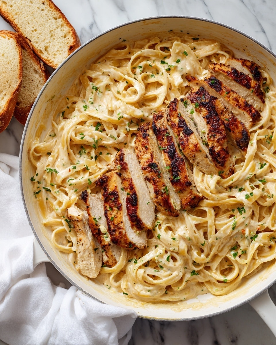 A white pan on a white marbled surface holds creamy fettuccine pasta, with the pasta strands forming a soft pile covered in a pale, smooth creamy sauce and sprinkled with small green herb bits evenly spread. In the next image, the same pan is shown with the creamy pasta topped with several pieces of grilled chicken, sliced into thick strips with a golden-brown, slightly charred crust and garnished with small green herbs; a white cloth and some sliced bread are nearby. Photo taken with an iphone --ar 4:5 --v 7