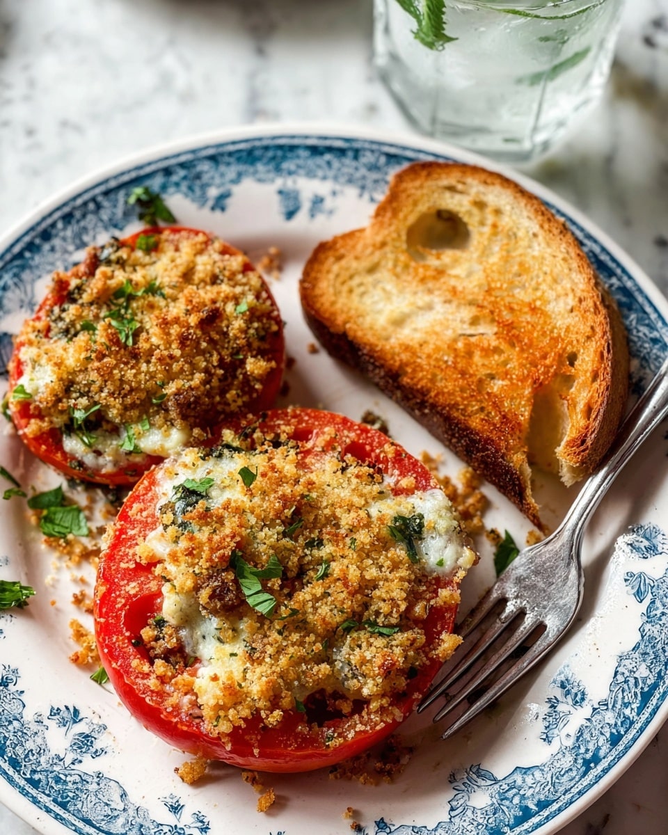 A white plate with blue floral patterns holds two halves of a baked tomato filled with a white creamy mixture mixed with green herbs and topped with a layer of golden-brown, crumbly breadcrumbs. The tomato flesh is bright red and visible beneath the topping. Next to the tomatoes are two slices of toasted bread with a golden, crispy texture. Fresh parsley leaves are scattered lightly on the plate and a glass of water with ice cubes sits in the top right corner on a white marbled surface. A knife and fork rest on the plate, partially under one toasted bread slice. Photo taken with an iphone --ar 4:5 --v 7