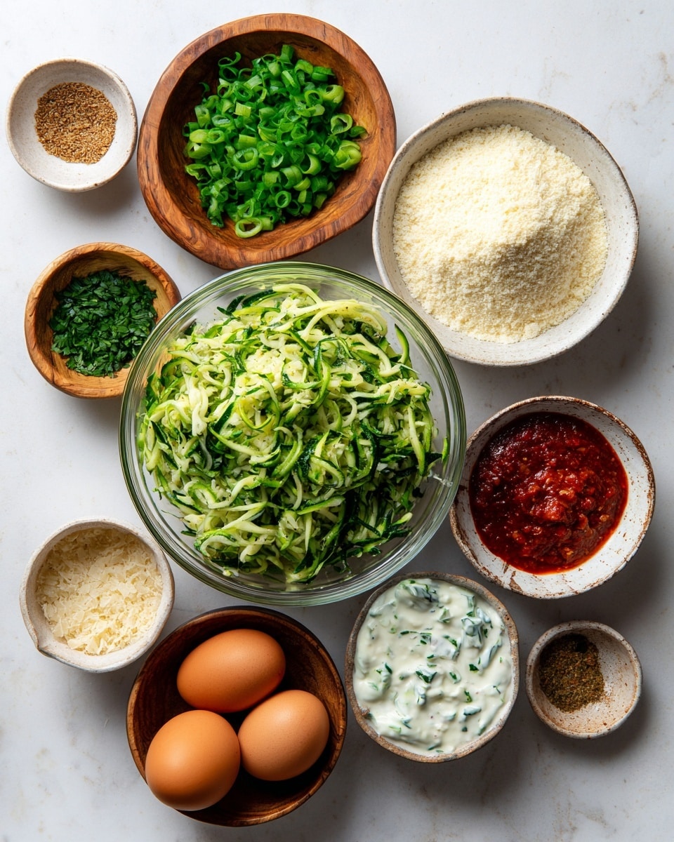 A white marbled surface holds several small round bowls and ingredients arranged neatly. In the center bottom is a large clear glass bowl with shredded green zucchini mixed with herbs. Above it to the left, there is a small wooden bowl filled with bright green scallions, and to its right, another wooden bowl is filled with white crumbled feta cheese. Above these, a larger white bowl holds a light beige pile of fine breadcrumbs. To its left, a ceramic bowl contains finely chopped green dill. To the right of the breadcrumbs are two brown eggs placed close together, and below the eggs is a small white bowl filled with a bright red harissa sauce. Below that is a wooden bowl with a creamy white tzatziki sauce with green specks. At the bottom right, a smaller ceramic bowl shows a mixture of brown and tan spices. The whole setup is clear, colorful, and organized. Photo taken with an iphone --ar 4:5 --v 7