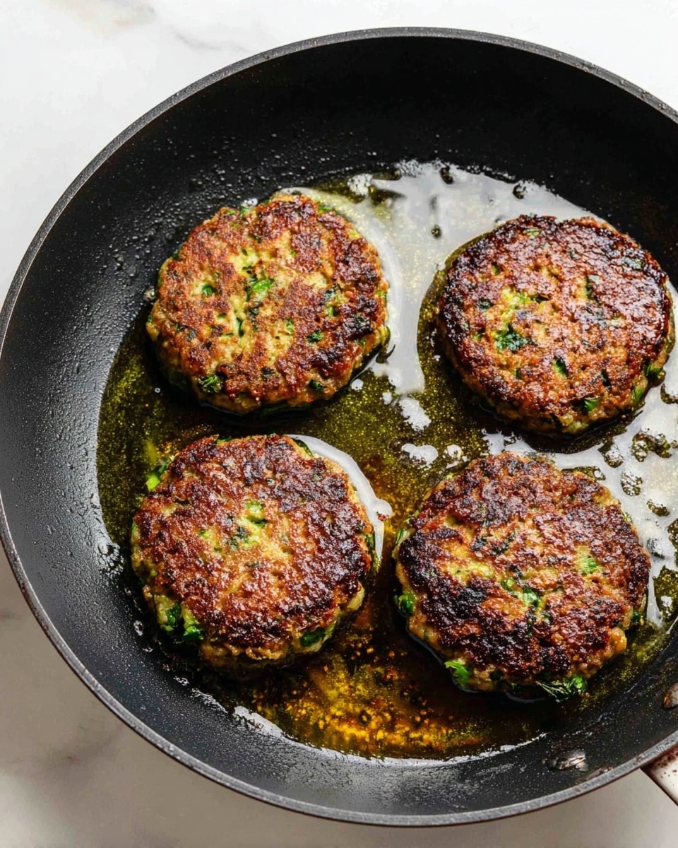 Four thick round patties with a browned crispy top and green flecks are frying in a black pan filled with oil. The patties show a textured surface with some charred spots and visible bits of herbs, giving them a fresh, natural look. The pan is placed on a white marbled surface, and the hot oil around the patties reflects light, adding shine to the scene. Photo taken with an iphone --ar 4:5 --v 7
