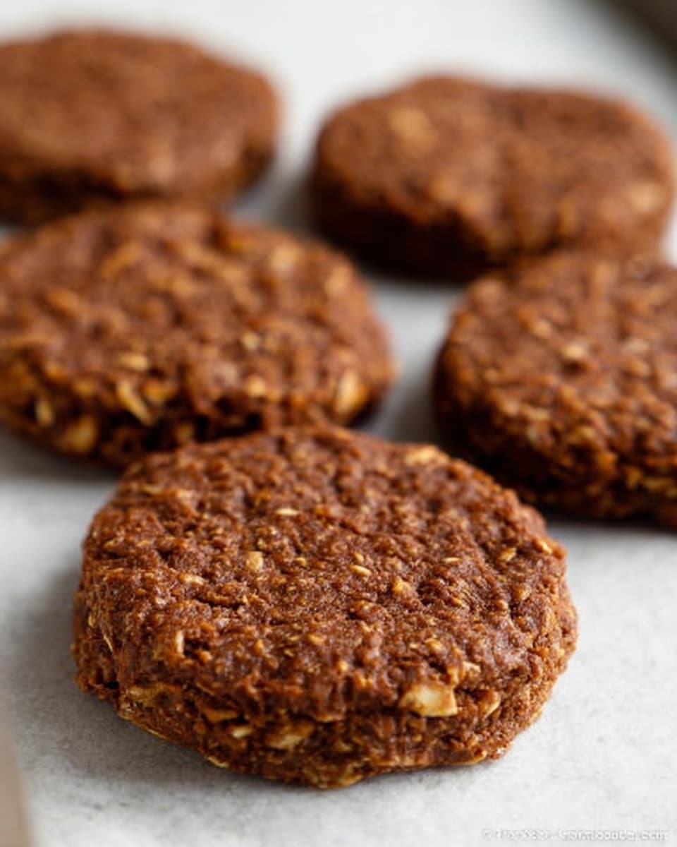 The image shows five round brown cookies with a rough, slightly grainy texture placed close together on a white baking sheet. Each cookie has visible bits of oats or grains embedded, giving them a hearty look. The cookies have a uniform thickness and a slightly uneven surface with small cracks and a matte finish. The white marbled background adds a clean and simple feel to the scene. photo taken with an iphone --ar 4:5 --v 7