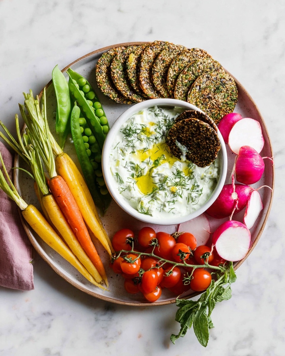 A round white plate sits on a white marbled surface, filled with fresh vegetables and snacks arranged in a circle. On the left side, there are yellow and orange baby carrots with green tops, and next to them are some open pea pods showing green peas inside. In the center, a white bowl holds a creamy white dip with green herbs and a drizzle of yellow oil on top, with a dark brown seed cracker dipped in it. Above the bowl, more crisp seed crackers are stacked. On the right side of the plate, pink and white radishes with green leaves add color. At the bottom of the plate, a bunch of red cherry tomatoes still on the vine lies across. The whole setting has a fresh and healthy look. photo taken with an iphone --ar 4:5 --v 7