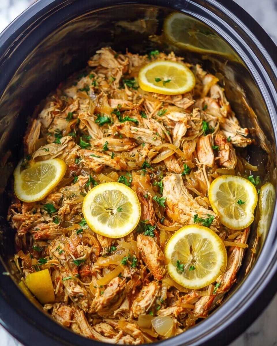The image shows a slow cooker filled with shredded cooked chicken layered with cooked onions and garnished with fresh green herbs scattered on top. Bright yellow lemon slices are placed evenly over the chicken, adding color contrast. The chicken pieces are golden brown with soft, juicy texture visible, mixed with translucent cooked onions. The slow cooker has a shiny black interior, creating a rich background that makes the food colors stand out. The photo is taken with a white marbled surface beneath the cooker, photo taken with an iphone --ar 4:5 --v 7