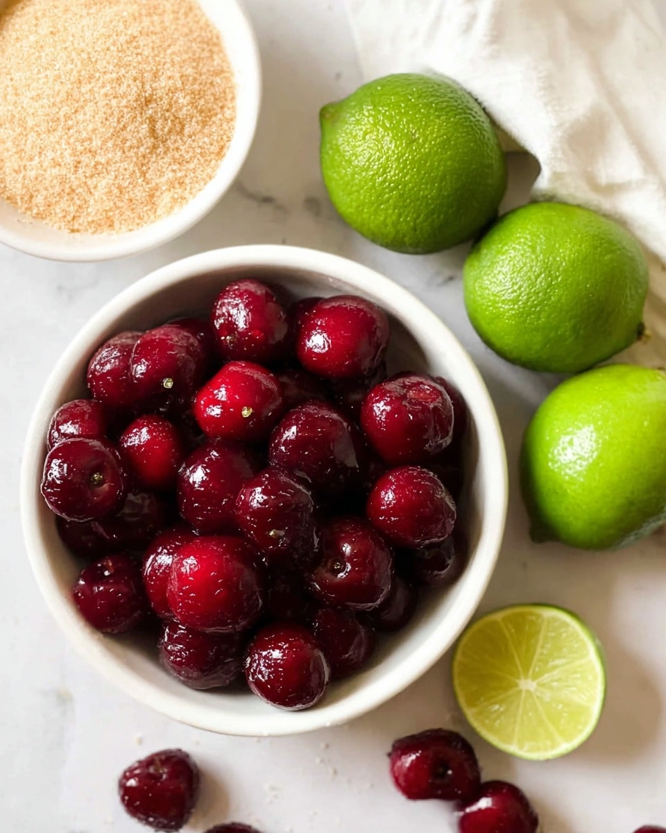 A white bowl is filled with dark red cherries that have a glossy and smooth texture, positioned in the center of the image. Around the bowl, there are three whole green limes with a slightly bumpy surface and one lime that is cut in half, showing its light green juicy inside. To the left, there is a white bowl with light brown sugar, granulated and fine in texture. Scattered around the bowl of cherries are a few cherries outside the bowl. All the items are placed on a white marbled surface that adds subtle texture to the background. photo taken with an iphone --ar 4:5 --v 7