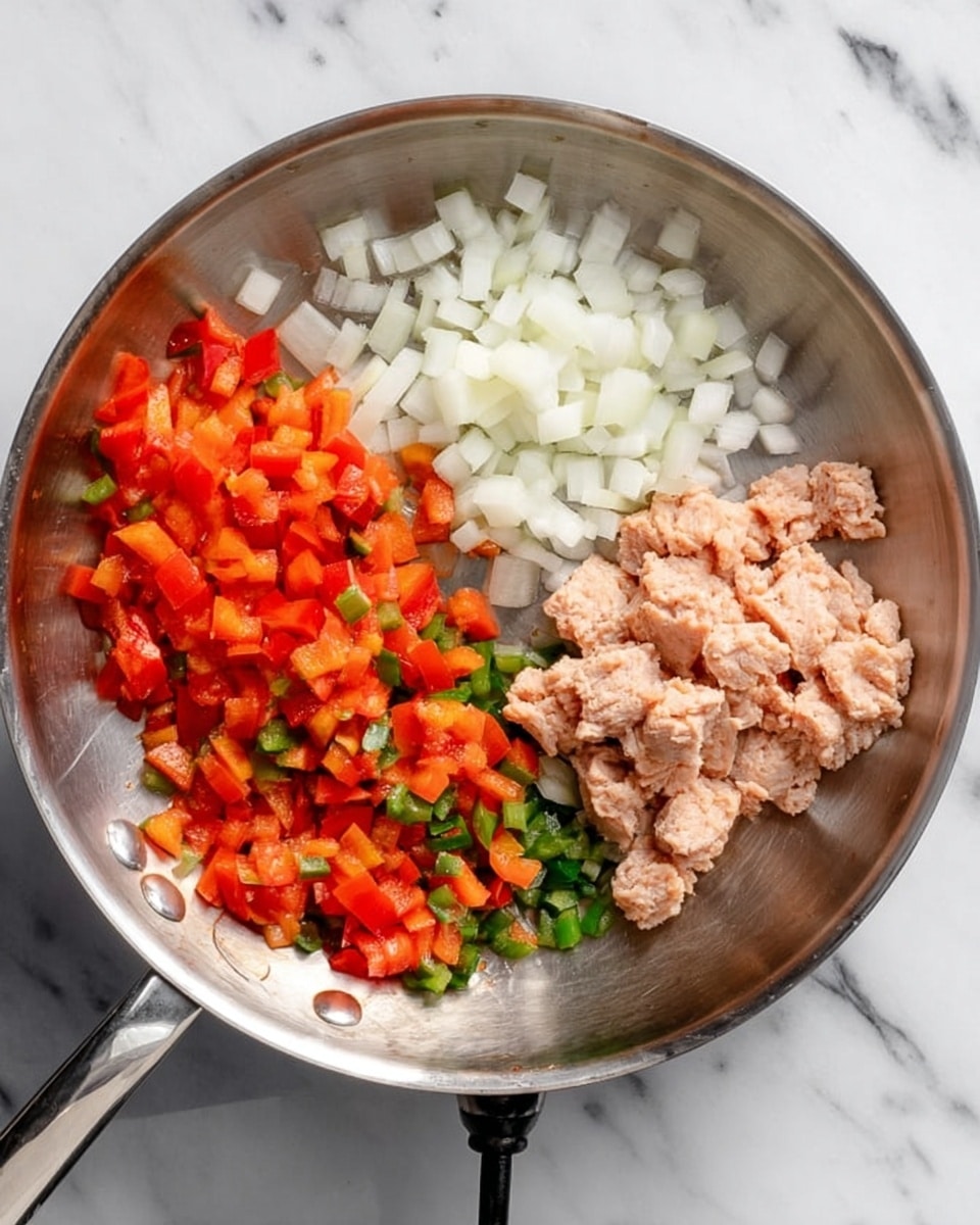 A stainless steel frying pan on a white marbled surface holds three main layers arranged separately: raw ground turkey on the right side with a light pink color and soft texture; diced white onions on the upper left side with small, irregular cubes; and chopped red bell peppers mixed with small green pieces on the lower left side, showing bright orange-red and green colors. The pan is connected to a black cord. photo taken with an iphone --ar 4:5 --v 7