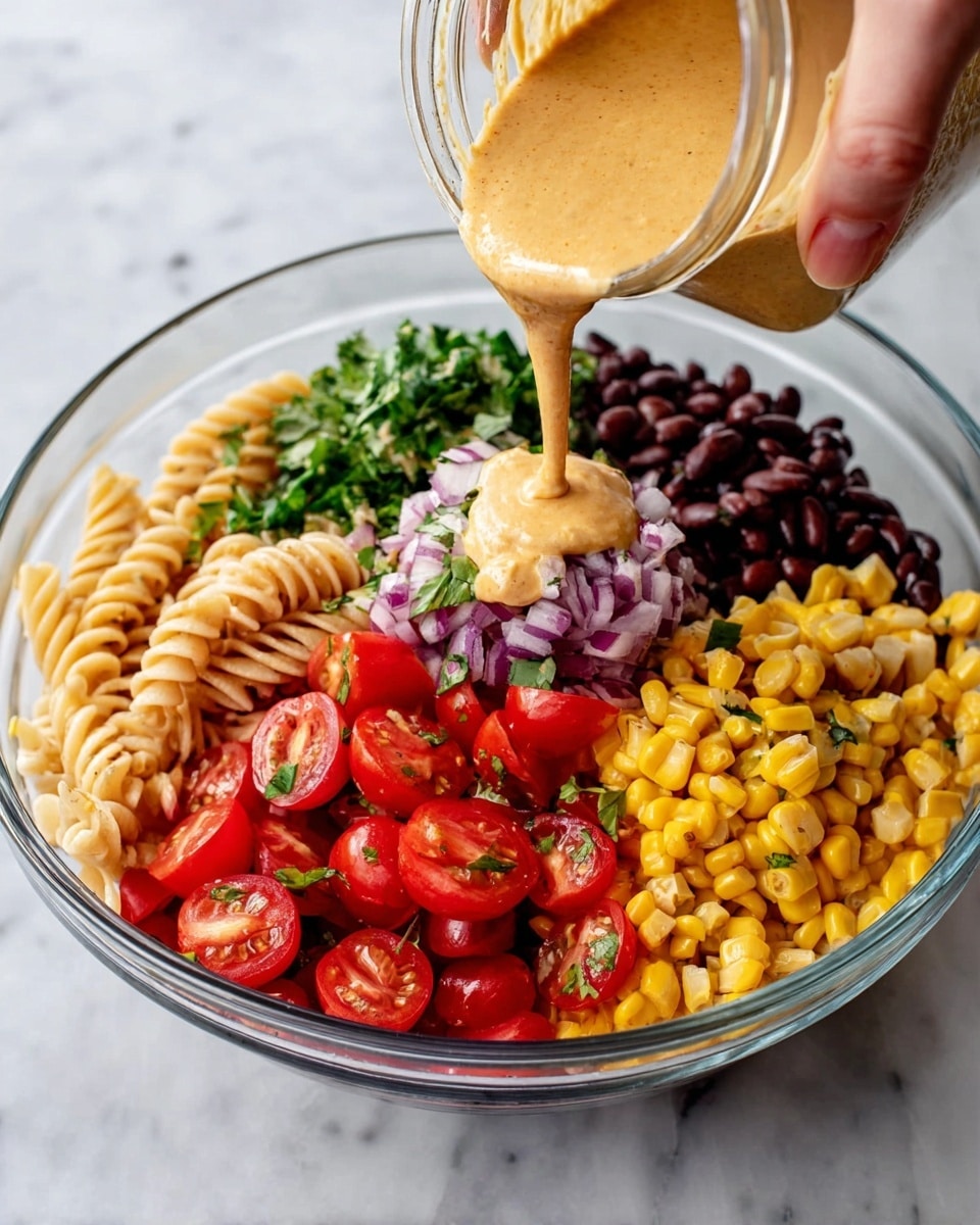 A clear glass bowl is filled with six distinct layers of ingredients arranged side by side in a circular pattern. Starting from the left, there are light beige spiral pasta, bright red chopped bell peppers, and halved red cherry tomatoes with visible seeds. Next, a golden creamy sauce is being poured from a jar over the middle of the bowl, resting on a small bed of finely chopped purple onions. To the right of the sauce are light yellow grilled corn kernels and dark green chopped fresh herbs. Finally, there are shiny black beans completing the circle. The scene is set on a white marbled surface with a woman’s hand holding the jar. Photo taken with an iphone --ar 4:5 --v 7
