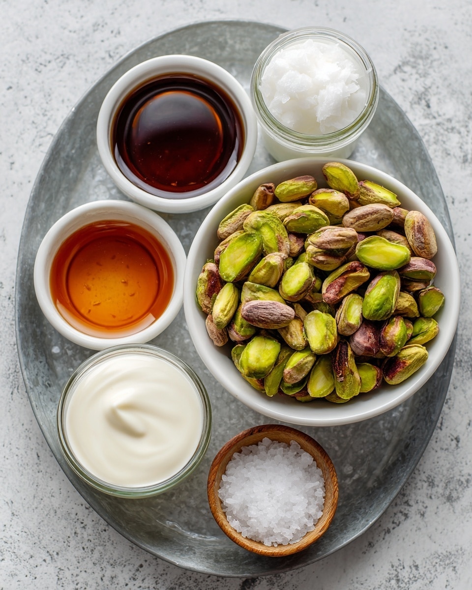 A metal tray with six small white dishes holds different ingredients. On the top right is a white bowl full of shelled pistachios in green and light brown colors. To the left, a smaller white bowl contains a dark brown liquid labeled vanilla and almond extract. Below it is another white bowl filled with amber maple syrup. On the right side, a small clear glass jar has solid white coconut oil. Below it is another clear glass jar filled with creamy white almond milk. At the bottom left, a white bowl holds thick white coconut milk. Finally, on the bottom right, a small round bowl contains coarse sea salt. All of this is on a white marbled surface. photo taken with an iphone --ar 4:5 --v 7