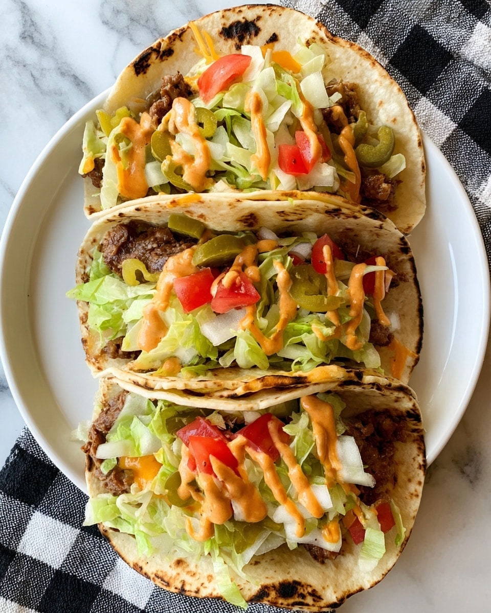 The image shows three tacos arranged in a vertical row on a white plate set on a white marbled surface. Each taco has a soft, slightly charred tortilla as the base. Inside, there is a layer of browned meat topped with shredded orange cheese and a drizzle of light orange sauce. Fresh green lettuce pieces, light green chopped onions, red tomato slices, and chunks of green pickles are spread over each taco, adding bright and fresh colors and textures. There is also a black and white checkered cloth napkin beside the plate. Photo taken with an iphone --ar 4:5 --v 7