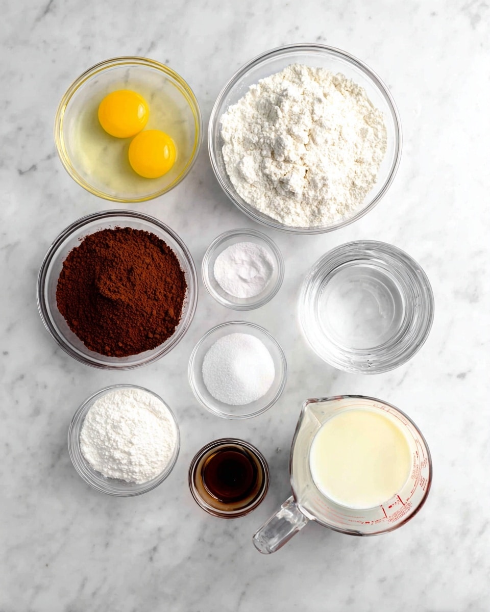 The image shows several glass bowls and measuring cups arranged on a white marbled surface. From top left, there is a small clear bowl with two raw eggs showing bright yellow yolks and clear whites. To its right is a larger clear bowl filled with white flour, showing a slightly lumpy texture. Below the flour is a small clear bowl of white powder, likely baking soda or salt. To the left of that is a medium clear bowl full of dark brown cocoa powder with a dry, powdery texture. Beneath the cocoa powder is a medium clear bowl of white sugar with fine grain texture. Toward the right side, there is a clear measuring cup filled with clear water, and next to it a tiny clear bowl with fine white powder, likely salt. Below the sugar is a larger clear measuring cup holding white milk, and to the right of that a small clear bowl with dark brown vanilla extract. There is also a medium clear bowl containing light yellow vegetable oil near the bottom center. All containers are neatly spaced on the white marbled surface, creating a clean and organized layout. Photo taken with an iphone --ar 4:5 --v 7