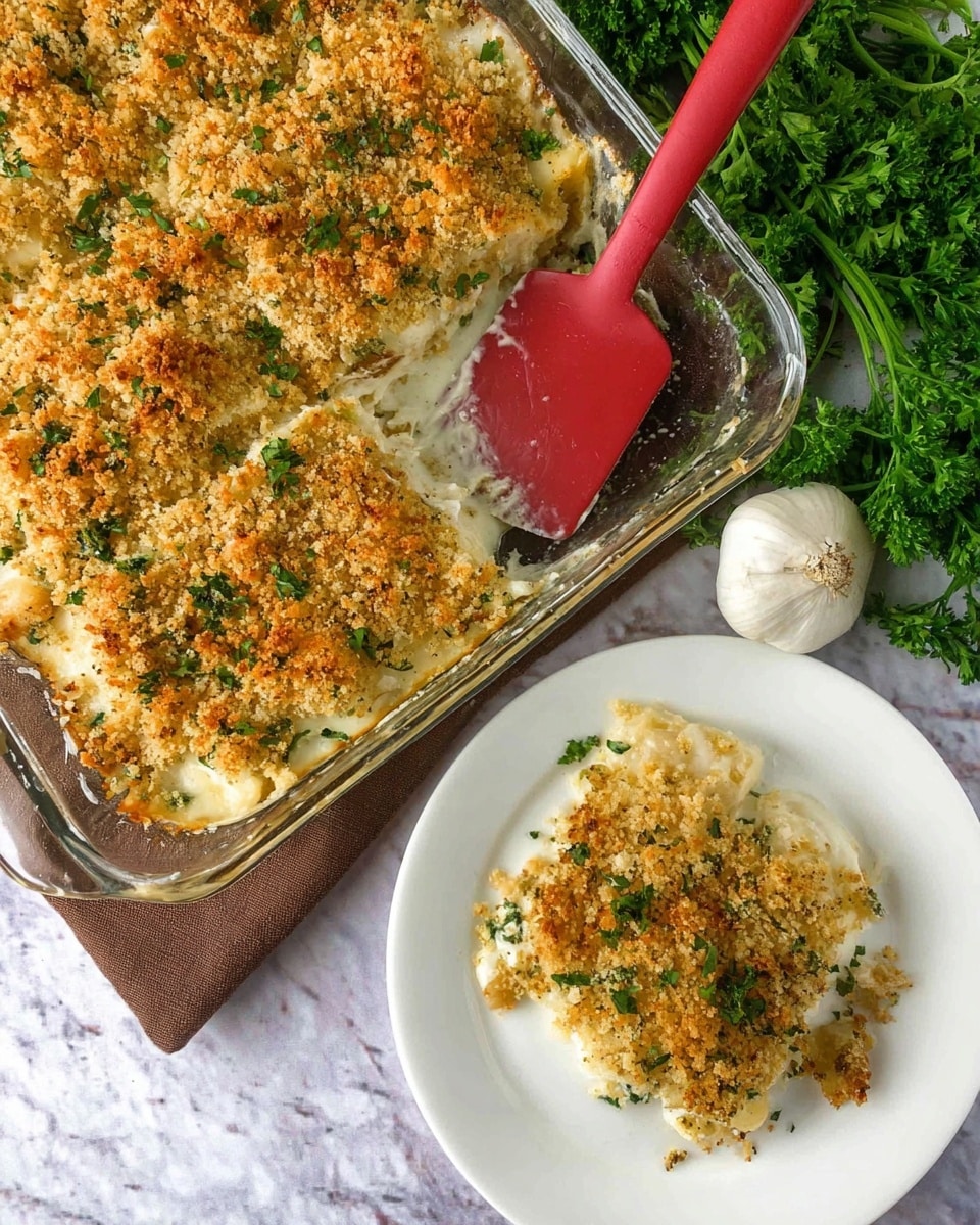 The dish is a baked casserole in a clear glass baking dish, showing two layers: a white creamy base layer topped with a thick golden brown crumbly layer mixed with green herbs. Two square pieces of the casserole are served on a white plate below, showing the same two layers with the crumb topping browned and textured on top. A red spatula is partly inserted under the casserole in the dish. The background is a white marbled texture with a bunch of fresh green parsley and a whole bulb of garlic placed beside the baking dish. The photo taken with an iphone --ar 4:5 --v 7