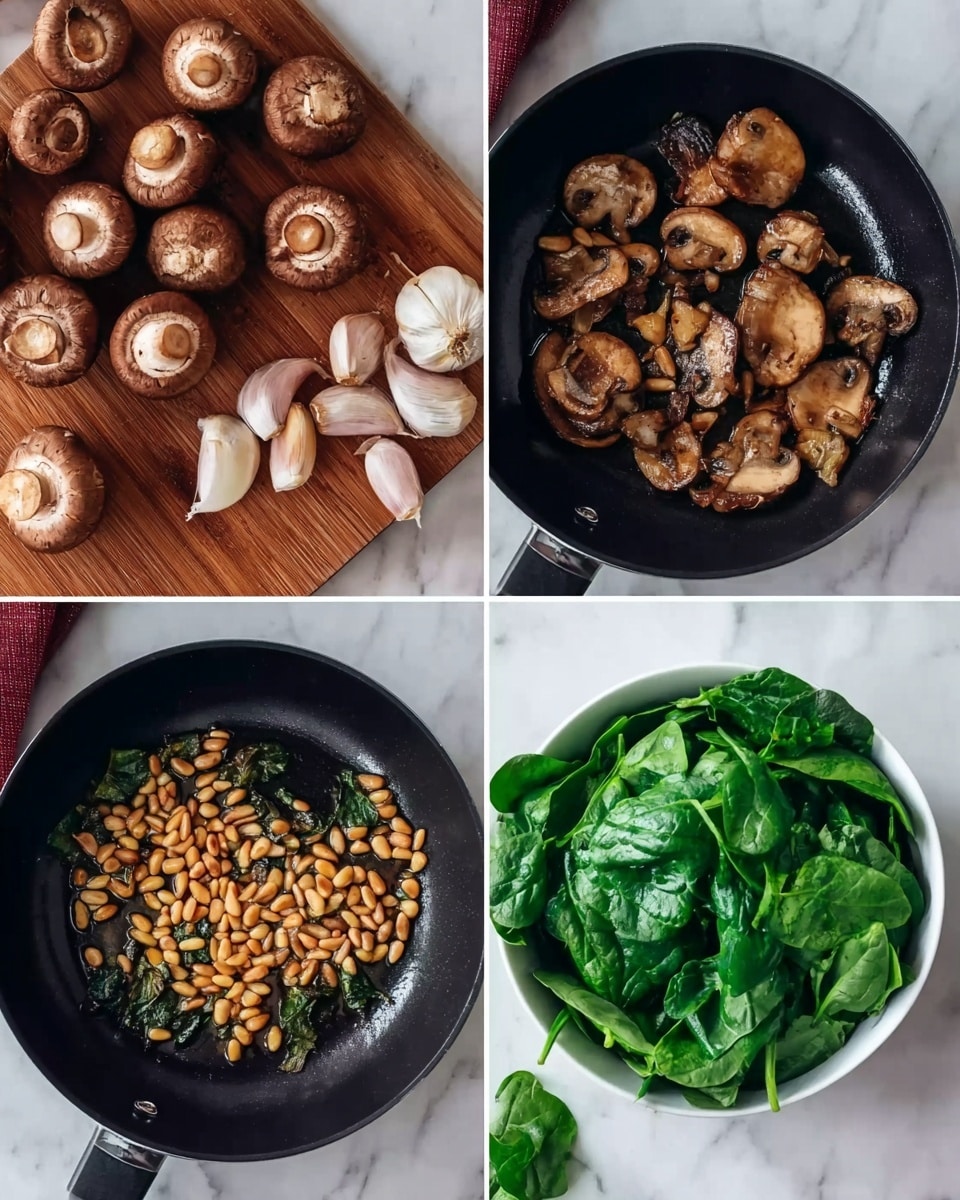 The image shows four sections with cooking ingredients and utensils on a white marbled surface. The top left section displays a wooden board filled with whole brown mushrooms and some garlic cloves around. The top right section has a black pan with cooked, sliced brown mushrooms inside, showing a golden brown color and some texture. The bottom left section features the same black pan, now containing toasted pine nuts, small and light brown in color. The bottom right section shows a white bowl filled with fresh green spinach leaves, some scattered on the white marbled surface around the bowl. Photo taken with an iphone --ar 4:5 --v 7
