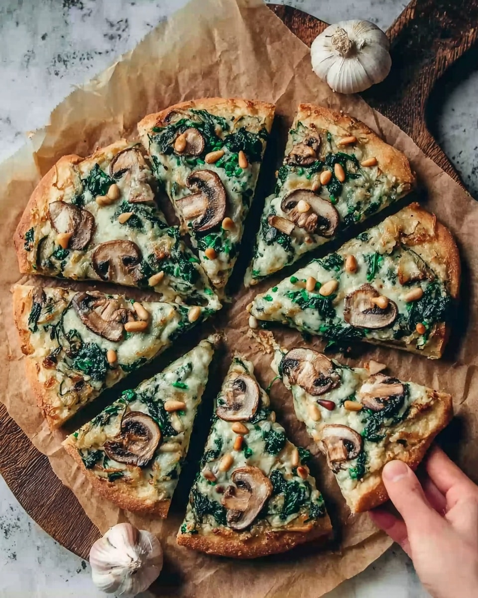 The image shows seven slices of a pizza with a thick crust placed in a circle on brown parchment paper. The pizza has a green layer of cooked spinach topped with a layer of melted white cheese. On top of the cheese are browned mushroom slices and scattered pine nuts. Around the pizza on the wooden surface are several garlic cloves and more pine nuts. A woman's hand is picking up one slice from the top right side. The background is changed to a white marbled texture. photo taken with an iphone --ar 4:5 --v 7