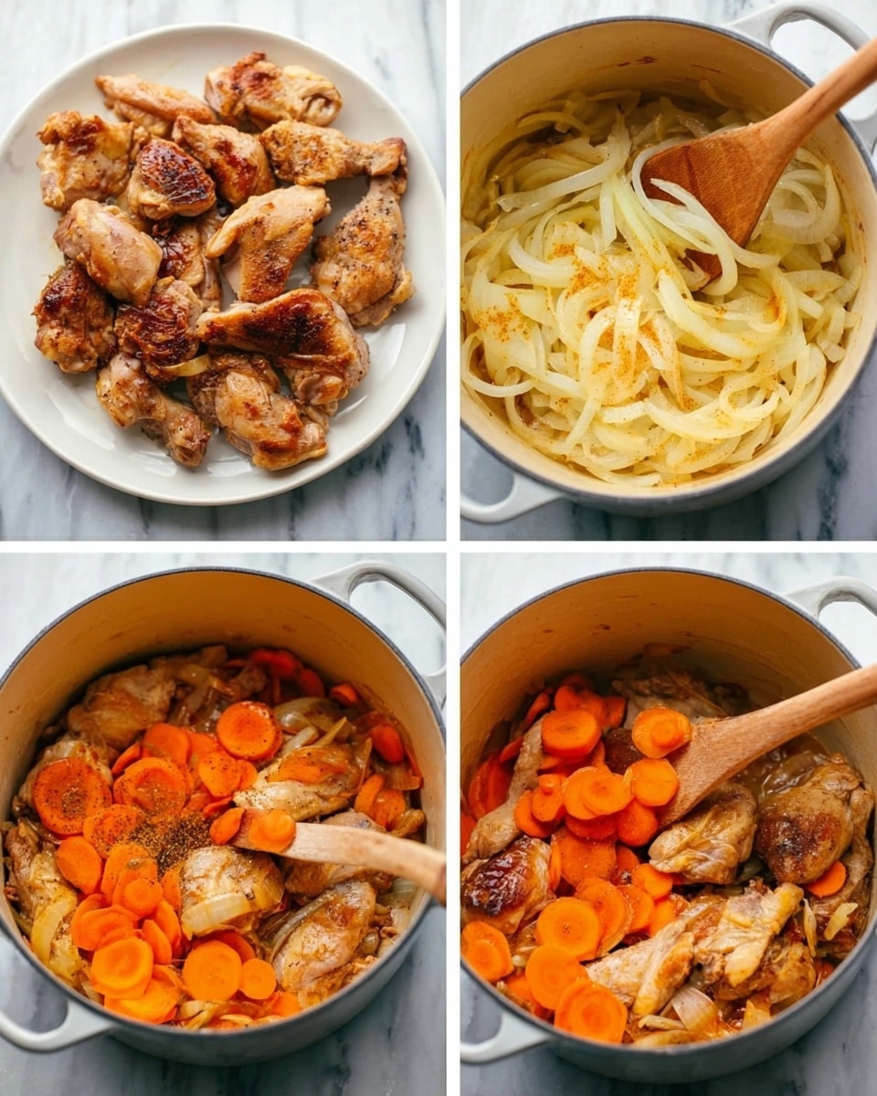 The image shows four sections. The top left section has a white plate with cooked, browned chicken pieces, some pieces stacked slightly. The top right section is a light-colored pot with thinly sliced onions being stirred by a wooden spoon, the onions are soft and translucent. The bottom left section shows the same pot now with added round orange carrot slices mixed with the onions, the wooden spoon stirring the contents. The bottom right section features the pot with onions and carrots, along with added spices on top, and the same wooden spoon partly stirring them. The background is a white marbled surface. Photo taken with an iphone --ar 4:5 --v 7